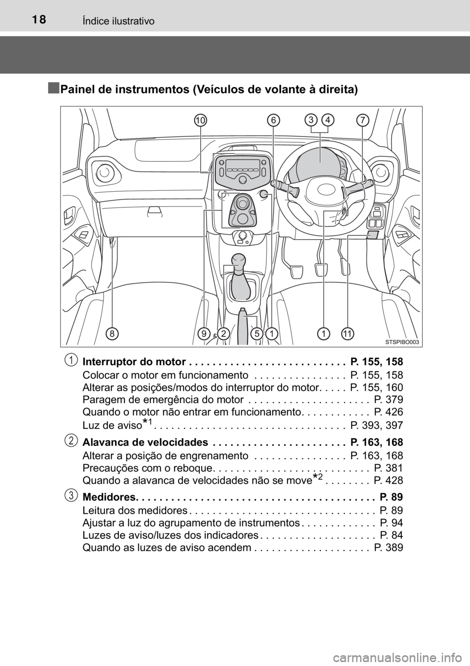 TOYOTA AYGO 2017  Manual de utilização (in Portuguese) 18�Ë�Q�G�L�F�H��L�O�X�V�W�U�D�W�L�Y�R
n
nn n�3�D�L�Q�H�O��G�H��L�Q�V�W�U�X�P�H�Q�W�R�V���9�H�t�F�X�O�R�V��G�H��Y�R�O�D�Q�W�H��j��G�L�U�H�L�W�D�
�,�Q�W�H�U�U�X�S�W�R�U��G�R��P�R�W�R�U���