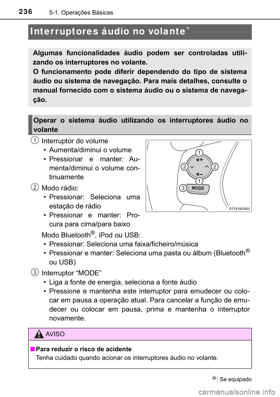TOYOTA AYGO 2017  Manual de utilização (in Portuguese) 236������2�S�H�U�D�o�}�H�V��%�i�V�L�F�D�V
Interruptores áudio no volante∗
�,�Q�W�H�U�U�X�S�W�R�U��G�R��Y�R�O�X�P�H
�