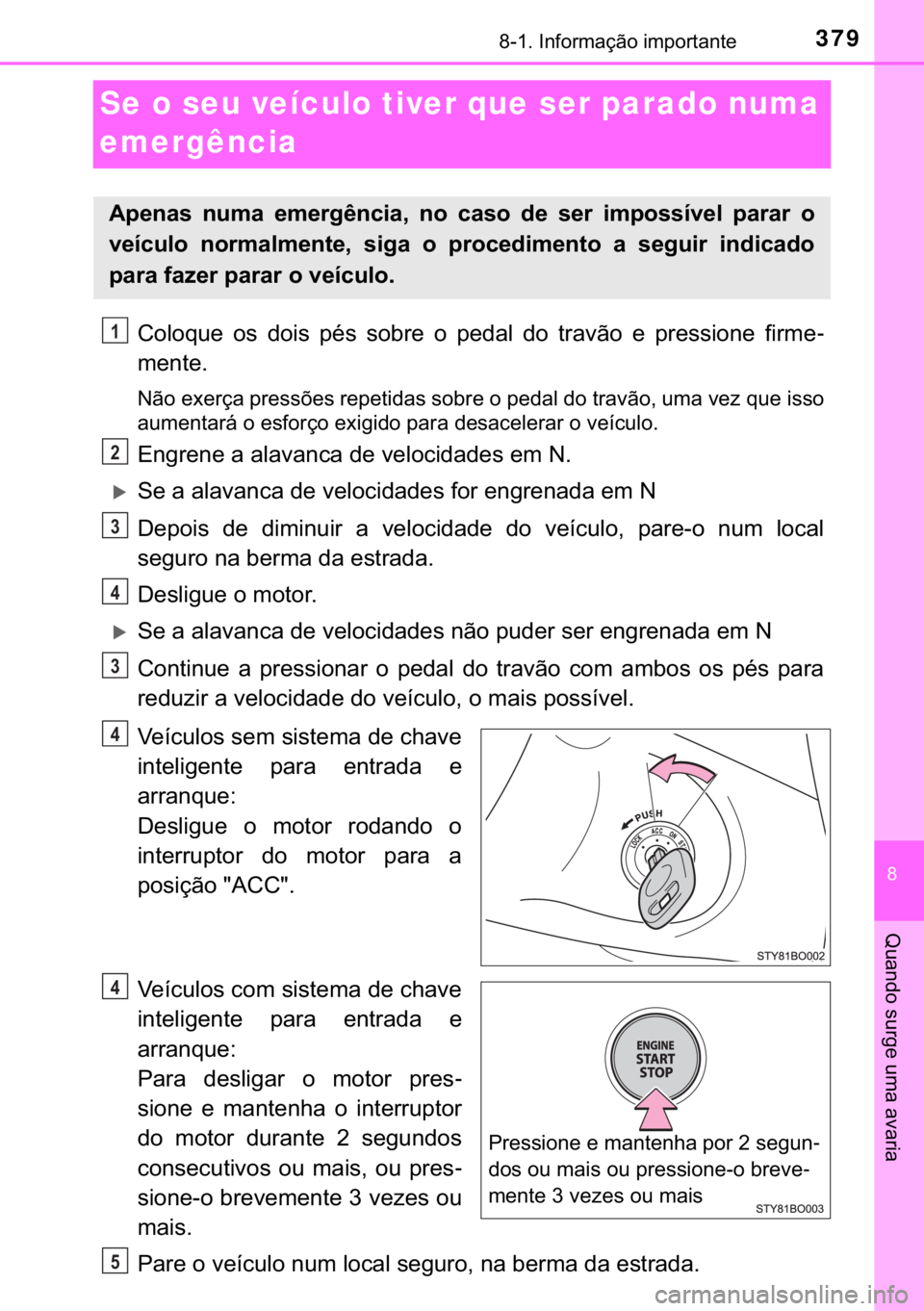 TOYOTA AYGO 2017  Manual de utilização (in Portuguese) 379������,�Q�I�R�U�P�D�o�m�R��L�P�S�R�U�W�D�Q�W�H
�
�4�X�D�Q�G�R��V�X�U�J�H��X�P�D��D�Y�D�U�L�D
Se o seu veículo tiver que ser parado numa 
emergência
�&�R�O�R�T�X�H� �R�V� �G�R�L�V� �S