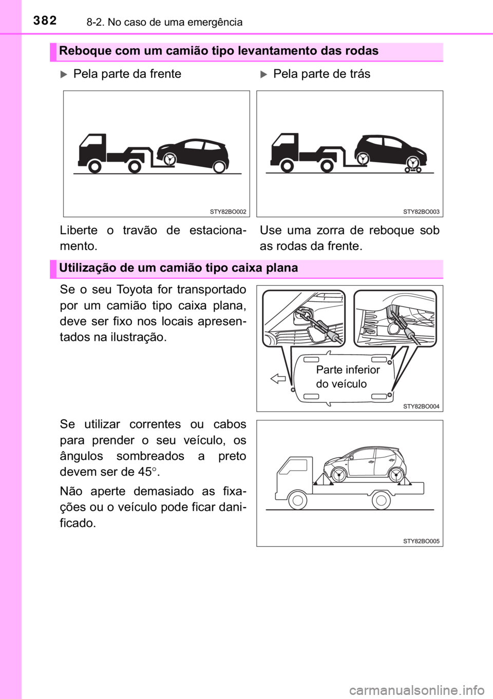 TOYOTA AYGO 2017  Manual de utilização (in Portuguese) 382������1�R��F�D�V�R��G�H��X�P�D��H�P�H�U�J�r�Q�F�L�D
�6�H� �R� �V�H�X� �7�R�\�R�W�D� �I�R�U� �W�U�D�Q�V�S�R�U�W�D�G�R
�S�R�U� �X�P� �F�D�P�L�m�R� �W�L�S�R� �F�D�L�[�D� �S�O�D�Q�D�