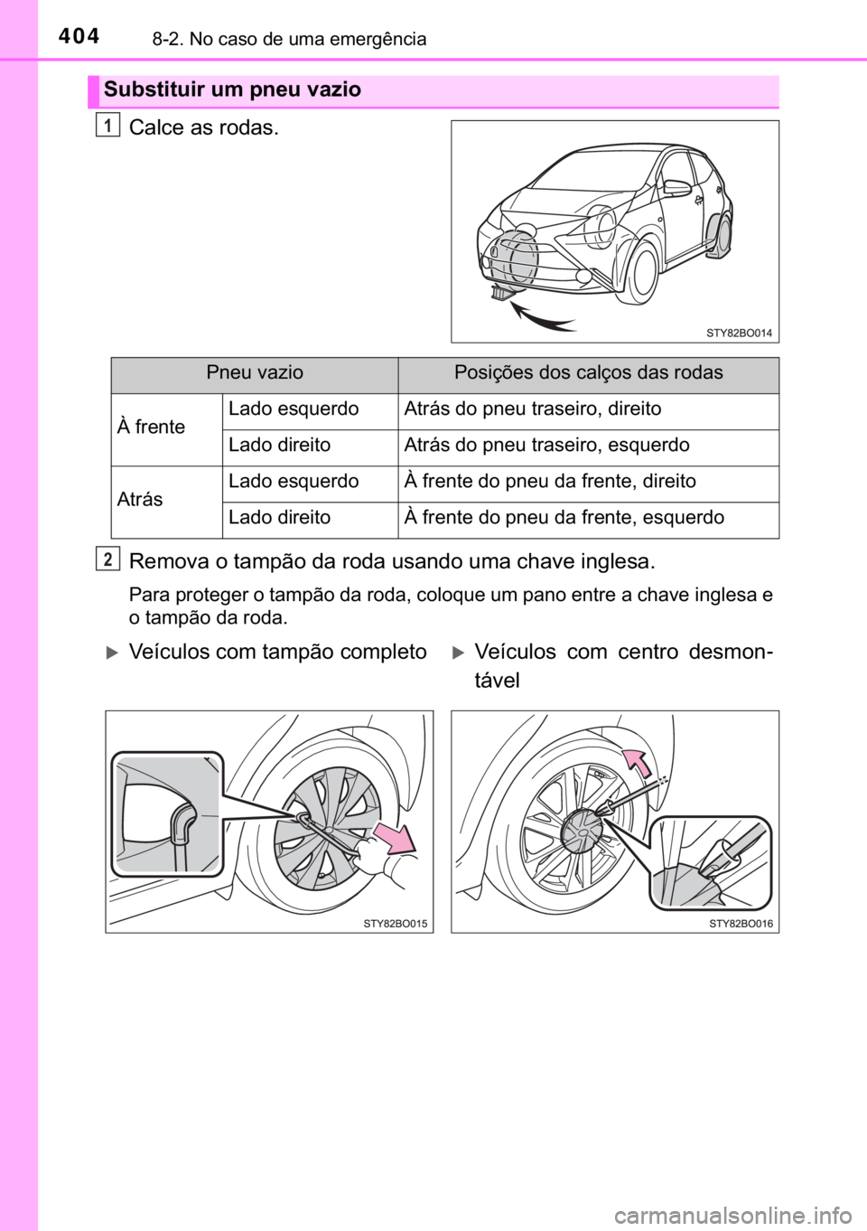 TOYOTA AYGO 2017  Manual de utilização (in Portuguese) 404������1�R��F�D�V�R��G�H��X�P�D��H�P�H�U�J�r�Q�F�L�D
�&�D�O�F�H��D�V��U�R�G�D�V�
�5�H�P�R�Y�D��R��W�D�P�S�m�R��G�D��U�R�G�D��X�V�D�Q�G�R��X�P�D��F�K�D�Y�H��L�Q�J�O�H�V�D�
�3�D�U