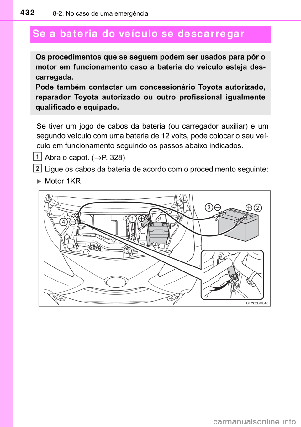 TOYOTA AYGO 2017  Manual de utilização (in Portuguese) 432������1�R��F�D�V�R��G�H��X�P�D��H�P�H�U�J�r�Q�F�L�D
Se a bateria do veículo se descarregar
�6�H� �W�L�Y�H�U� �X�P� �M�R�J�R� �G�H� �F�D�E�R�V� �G�D� �E�D�W�H�U�L�D� ��R�X� �F�D�