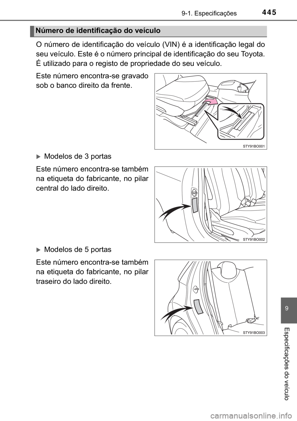 TOYOTA AYGO 2017  Manual de utilização (in Portuguese) 445������(�V�S�H�F�L�I�L�F�D�o�}�H�V
�
�(�V�S�H�F�L�I�L�F�D�o�}�H�V��G�R��Y�H�t�F�X�O�R
�2��Q�~�P�H�U�R��G�H��L�G�H�Q�W�L�I�L�F�D�o�m�R��G�R��Y�H�t�F�X�O�R���9�,�1���p��D��L�G�H�Q�W