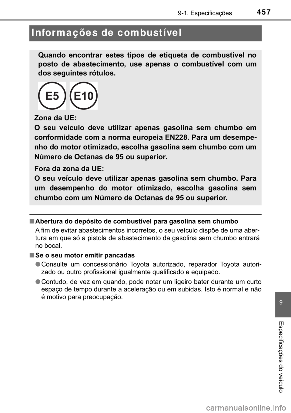 TOYOTA AYGO 2017  Manual de utilização (in Portuguese) 457������(�V�S�H�F�L�I�L�F�D�o�}�H�V
�
�(�V�S�H�F�L�I�L�F�D�o�}�H�V��G�R��Y�H�t�F�X�O�R
Infor mações de combustível
■<002400450048005500570058005500440003004700520003004700480053007900560