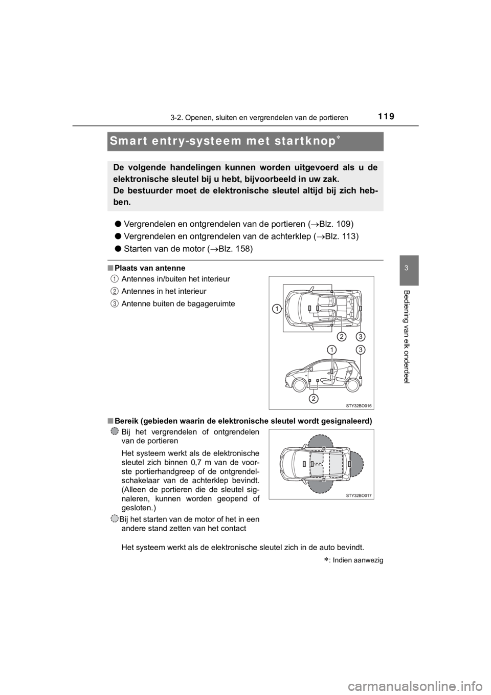 TOYOTA AYGO 2017 Instructieboekje (in Dutch) 119
3
3-2. Openen, sluiten en vergrendelen van de portieren
Bediening van elk onderdeel
AYGO_OM_Europe_OM99Q24E
Smart entr y-systeem met startknop
●Vergrendelen en ontgrendelen van de portieren ( TOYOTA AYGO 2017 Instructieboekje (in Dutch) 119
3
3-2. Openen, sluiten en vergrendelen van de portieren
Bediening van elk onderdeel
AYGO_OM_Europe_OM99Q24E
Smart entr y-systeem met startknop
●Vergrendelen en ontgrendelen van de portieren (