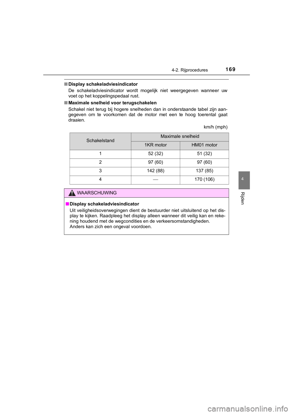 TOYOTA AYGO 2017  Instructieboekje (in Dutch) 1694-2. Rijprocedures
4
Rijden
AYGO_OM_Europe_OM99Q24E
■Display schakeladviesindicator
De  schakeladviesindicator  wordt  mogelijk  niet  weergegeven  wanne er  uw
voet op het koppelingspedaal rust.