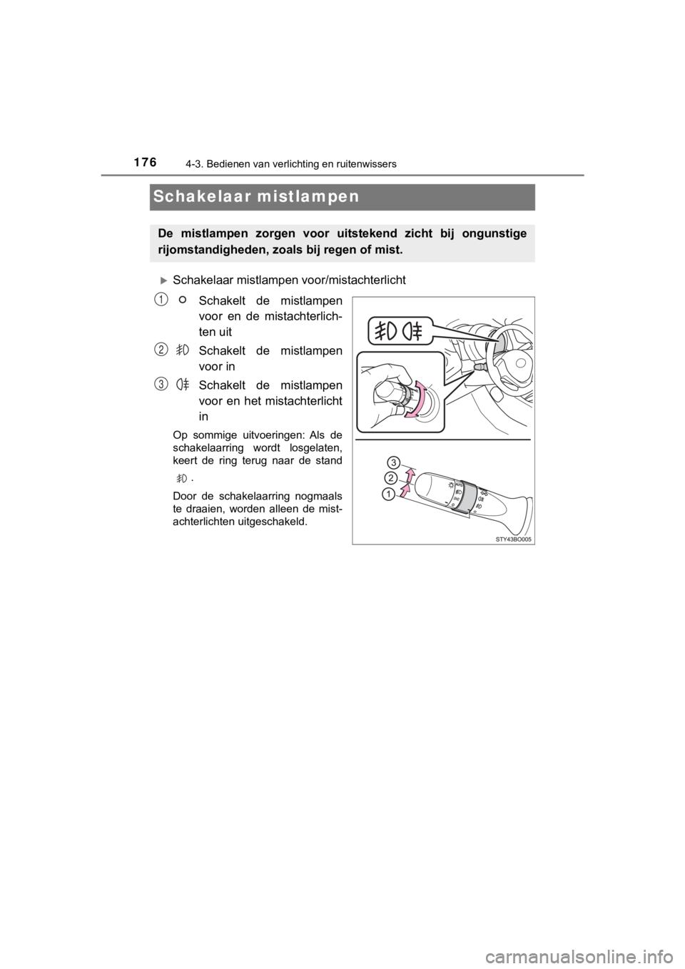 TOYOTA AYGO 2017 Instructieboekje (in Dutch) 1764-3. Bedienen van verlichting en ruitenwissers
AYGO_OM_Europe_OM99Q24E
Schakelaar mistlampen
Schakelaar mistlampen voor/mistachterlichtSchakelt de mistlampen
voor en de mistachterlich-
ten TOYOTA AYGO 2017 Instructieboekje (in Dutch) 1764-3. Bedienen van verlichting en ruitenwissers
AYGO_OM_Europe_OM99Q24E
Schakelaar mistlampen
Schakelaar mistlampen voor/mistachterlichtSchakelt de mistlampen
voor en de mistachterlich-
ten