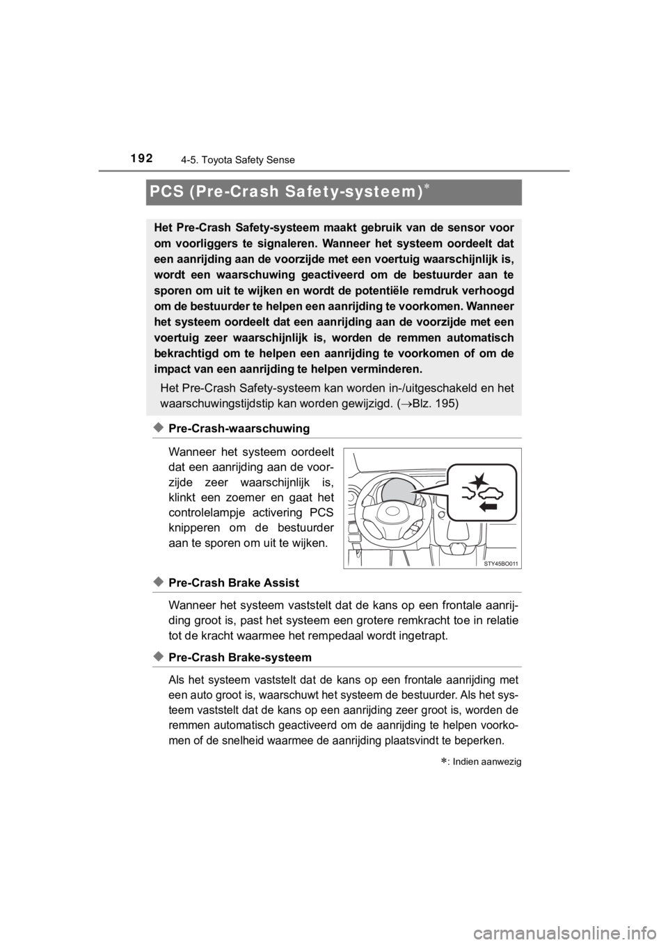 TOYOTA AYGO 2017 Instructieboekje (in Dutch) 1924-5. Toyota Safety Sense
AYGO_OM_Europe_OM99Q24E
PCS (Pre-Crash Safety-systeem)
◆Pre-Crash-waarschuwing
Wanneer het systeem oordeelt
dat een aanrijding aan de voor-
zijde zeer waarschijnl TOYOTA AYGO 2017 Instructieboekje (in Dutch) 1924-5. Toyota Safety Sense
AYGO_OM_Europe_OM99Q24E
PCS (Pre-Crash Safety-systeem)
◆Pre-Crash-waarschuwing
Wanneer het systeem oordeelt
dat een aanrijding aan de voor-
zijde zeer waarschijnl