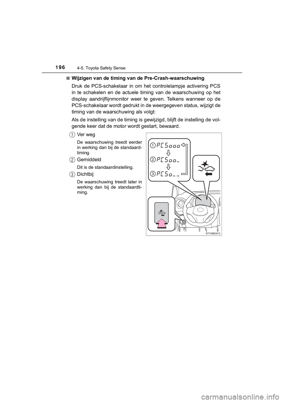 TOYOTA AYGO 2017 Instructieboekje (in Dutch) 1964-5. Toyota Safety Sense
AYGO_OM_Europe_OM99Q24E■
Wijzigen van de timing van de Pre-Crash-waarschuwing
Druk de PCS-schakelaar in om het controlelampje activering PCS
in te schakelen en TOYOTA AYGO 2017 Instructieboekje (in Dutch) 1964-5. Toyota Safety Sense
AYGO_OM_Europe_OM99Q24E■
Wijzigen van de timing van de Pre-Crash-waarschuwing
Druk de PCS-schakelaar in om het controlelampje activering PCS
in te schakelen en