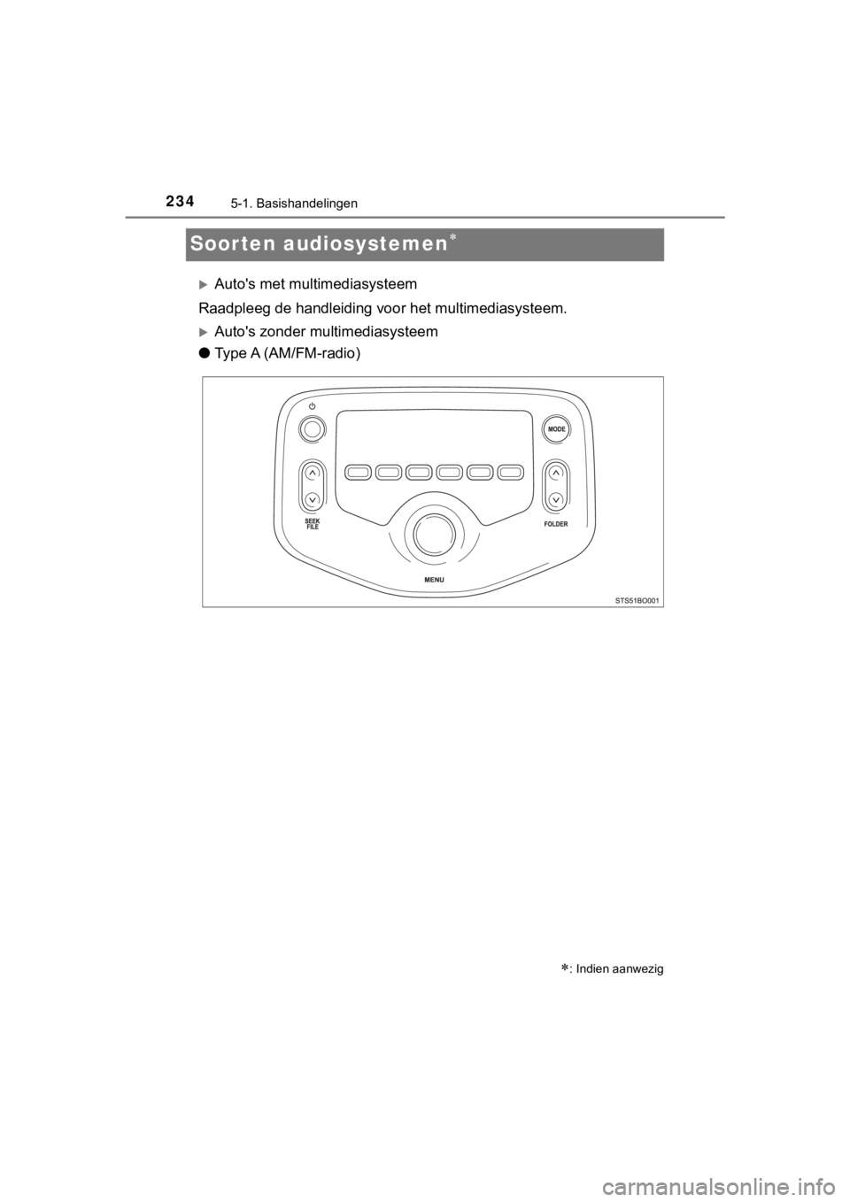 TOYOTA AYGO 2017 Instructieboekje (in Dutch) 2345-1. Basishandelingen
AYGO_OM_Europe_OM99Q24E
Soorten audiosystemen
Auto's met multimediasysteem
Raadpleeg de handleiding voo r het multimediasysteem.
Auto's zonder multimediasyste TOYOTA AYGO 2017 Instructieboekje (in Dutch) 2345-1. Basishandelingen
AYGO_OM_Europe_OM99Q24E
Soorten audiosystemen
Auto's met multimediasysteem
Raadpleeg de handleiding voo r het multimediasysteem.
Auto's zonder multimediasyste