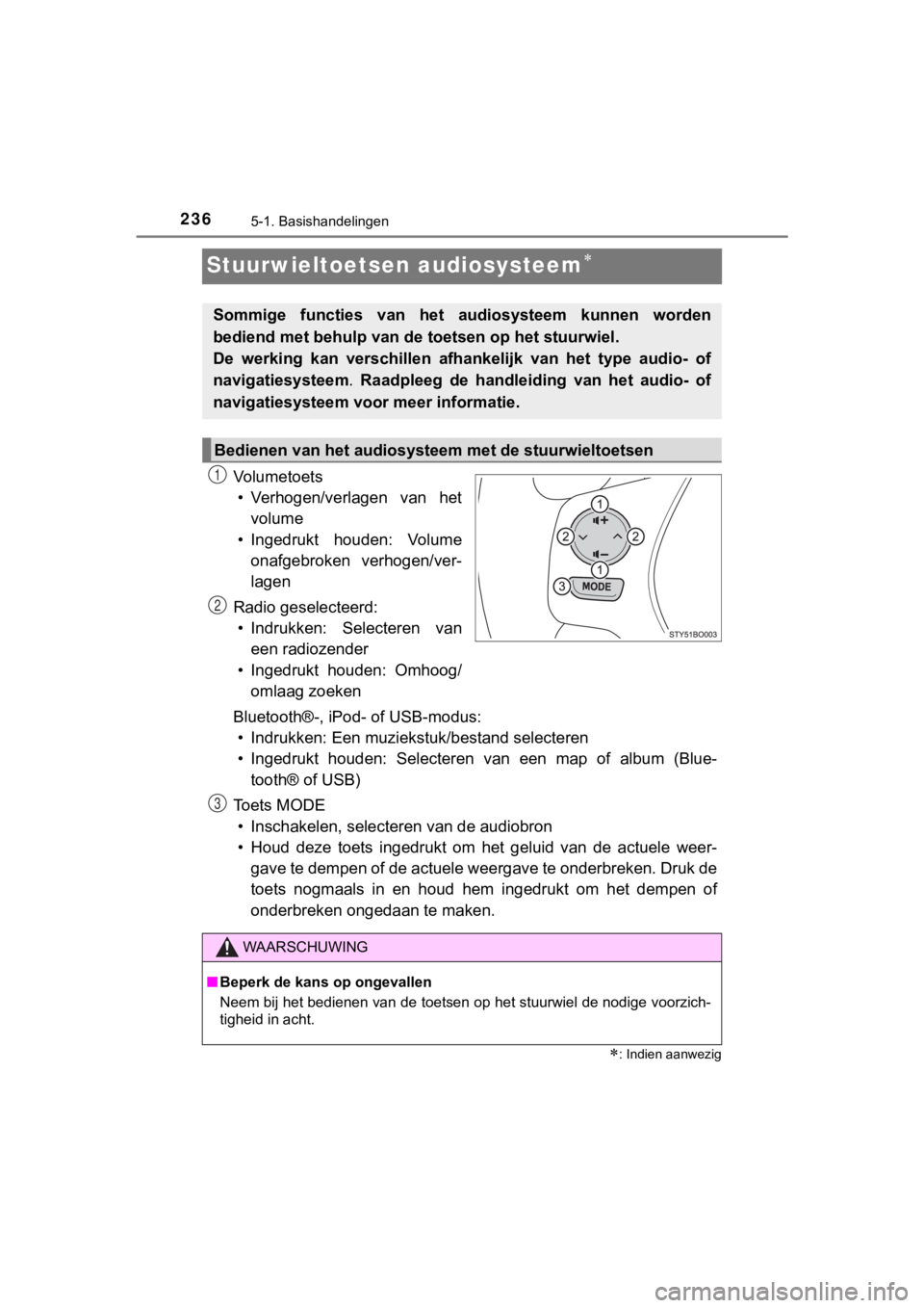 TOYOTA AYGO 2017 Instructieboekje (in Dutch) 2365-1. Basishandelingen
AYGO_OM_Europe_OM99Q24E
Stuurwieltoetsen audiosysteem
Vo l u m e t o e t s• Verhogen/verlagen van het volume
• Ingedrukt houden: Volume onafgebroken verhogen/ver-
TOYOTA AYGO 2017 Instructieboekje (in Dutch) 2365-1. Basishandelingen
AYGO_OM_Europe_OM99Q24E
Stuurwieltoetsen audiosysteem
Vo l u m e t o e t s• Verhogen/verlagen van het volume
• Ingedrukt houden: Volume onafgebroken verhogen/ver-
