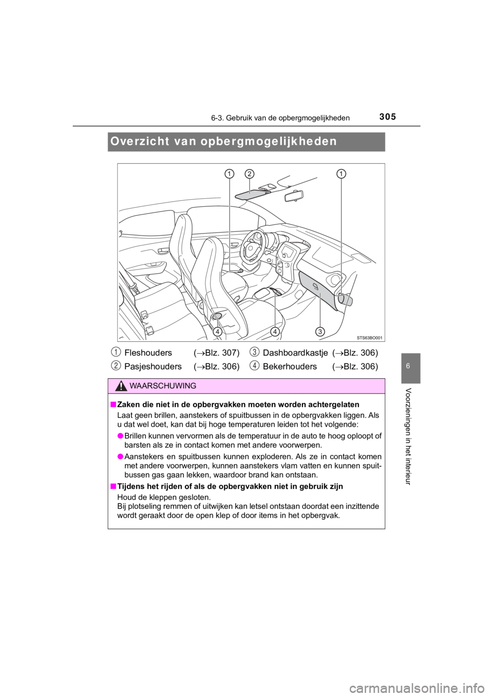TOYOTA AYGO 2017 Instructieboekje (in Dutch) 3056-3. Gebruik van de opbergmogelijkheden
6
Voorzieningen in het interieur
AYGO_OM_Europe_OM99Q24E
Overzicht van opber gmogelijkheden
Fleshouders (Blz. 307)
Pasjeshouders ( Blz. 306) Dashboard TOYOTA AYGO 2017 Instructieboekje (in Dutch) 3056-3. Gebruik van de opbergmogelijkheden
6
Voorzieningen in het interieur
AYGO_OM_Europe_OM99Q24E
Overzicht van opber gmogelijkheden
Fleshouders (Blz. 307)
Pasjeshouders ( Blz. 306) Dashboard