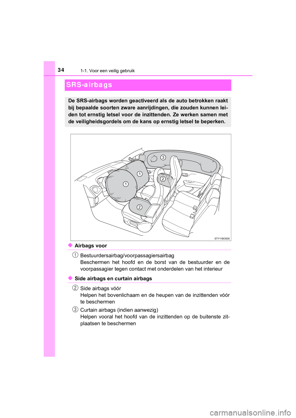 TOYOTA AYGO 2017 Instructieboekje (in Dutch) 341-1. Voor een veilig gebruik
AYGO_OM_Europe_OM99Q24E
SRS-airbags
◆Airbags voorBestuurdersairbag/voorpassagiersairbag
Beschermen het hoofd en de borst van de bestuurder en de
voorpassagie TOYOTA AYGO 2017 Instructieboekje (in Dutch) 341-1. Voor een veilig gebruik
AYGO_OM_Europe_OM99Q24E
SRS-airbags
◆Airbags voorBestuurdersairbag/voorpassagiersairbag
Beschermen het hoofd en de borst van de bestuurder en de
voorpassagie