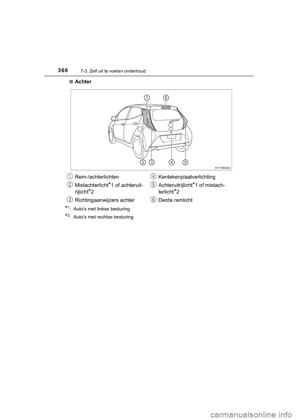 TOYOTA AYGO 2017 Instructieboekje (in Dutch) 3667-3. Zelf uit te voeren onderhoud
AYGO_OM_Europe_OM99Q24E■
Achter
*1: Auto's met linkse besturing
*2: Auto's met rechtse besturing
Rem-/achterlichten
Mistachterlicht
*1 of achteruit-
rijl TOYOTA AYGO 2017 Instructieboekje (in Dutch) 3667-3. Zelf uit te voeren onderhoud
AYGO_OM_Europe_OM99Q24E■
Achter
*1: Auto's met linkse besturing
*2: Auto's met rechtse besturing
Rem-/achterlichten
Mistachterlicht
*1 of achteruit-
rijl