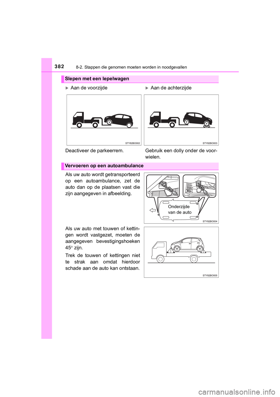 TOYOTA AYGO 2017 Instructieboekje (in Dutch) 3828-2. Stappen die genomen moeten worden in noodgevallen
AYGO_OM_Europe_OM99Q24E
Als uw auto wordt getransporteerd
op een autoambulance, zet de
auto dan op de plaatsen vast die
zijn aangege TOYOTA AYGO 2017 Instructieboekje (in Dutch) 3828-2. Stappen die genomen moeten worden in noodgevallen
AYGO_OM_Europe_OM99Q24E
Als uw auto wordt getransporteerd
op een autoambulance, zet de
auto dan op de plaatsen vast die
zijn aangege