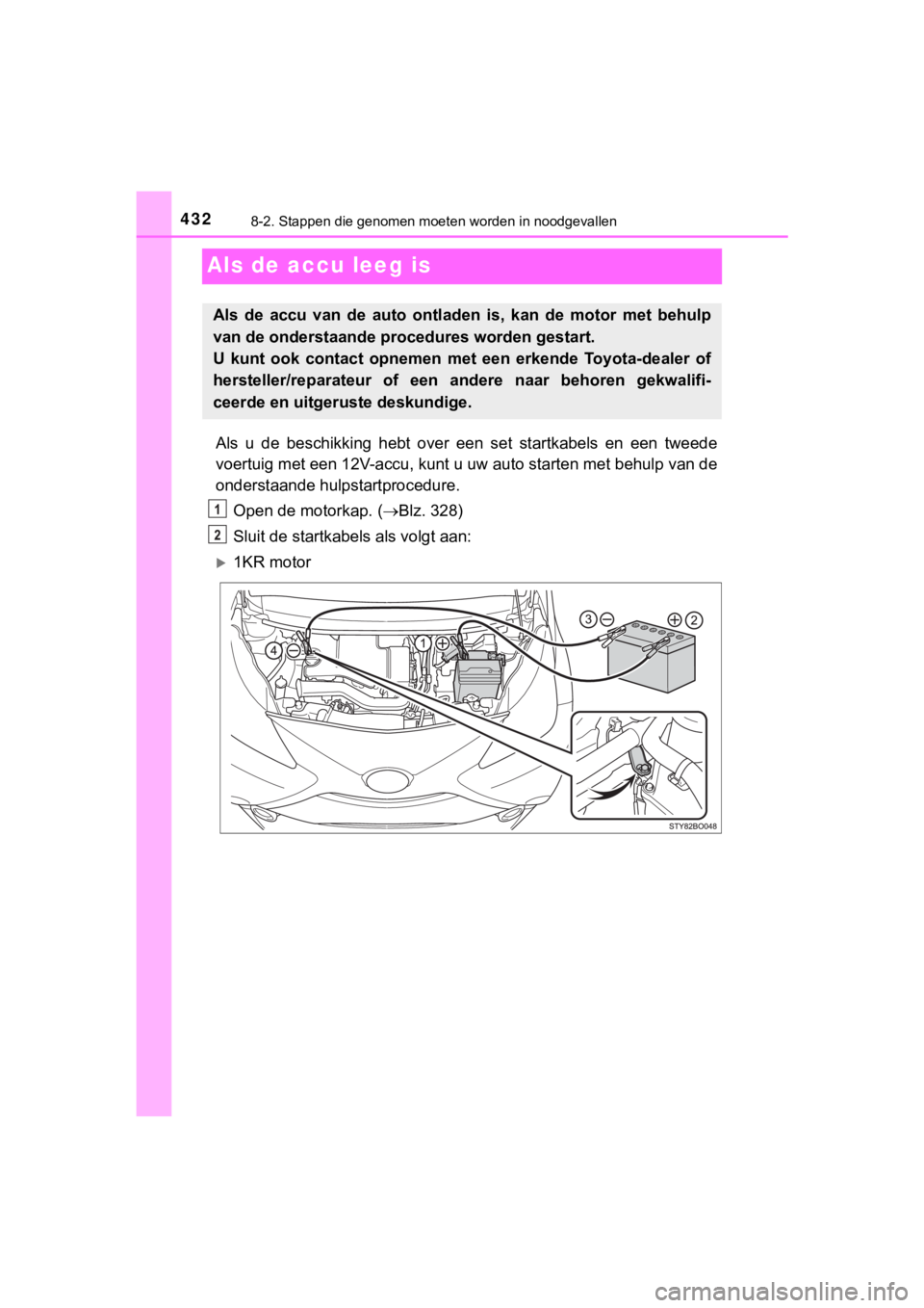 TOYOTA AYGO 2017  Instructieboekje (in Dutch) 4328-2. Stappen die genomen moeten worden in noodgevallen
AYGO_OM_Europe_OM99Q24E
Als de accu leeg is
Als  u  de  beschikking  hebt  over  een  set  startkabels  en  een  tweed e
voertuig met een 12V-