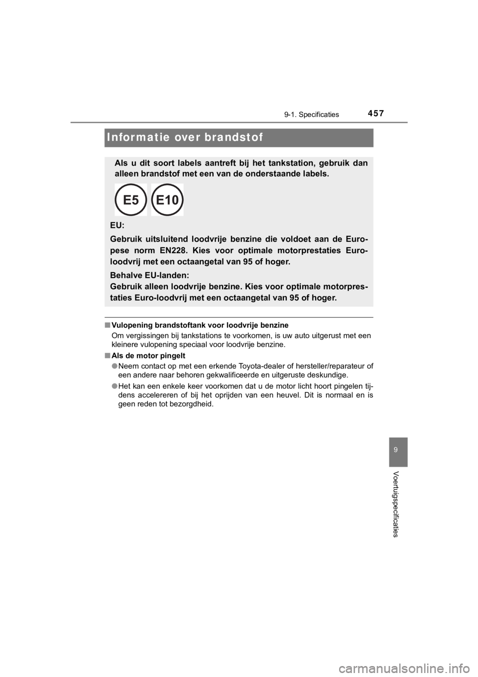 TOYOTA AYGO 2017  Instructieboekje (in Dutch) 4579-1. Specificaties
9
Voertuigspecificaties
AYGO_OM_Europe_OM99Q24E
Informatie over brandstof
■Vulopening brandstoftank voor loodvrije benzine
Om vergissingen bij tankstations te voorkomen, is uw 