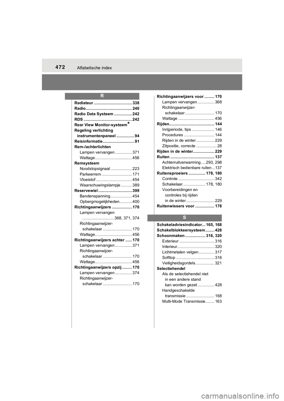 TOYOTA AYGO 2017  Instructieboekje (in Dutch) 472Alfabetische index
AYGO_OM_Europe_OM99Q24E
Radiateur .................................. 338
Radio ......................................... 240
Radio Data Systeem ................ 242
RDS .........