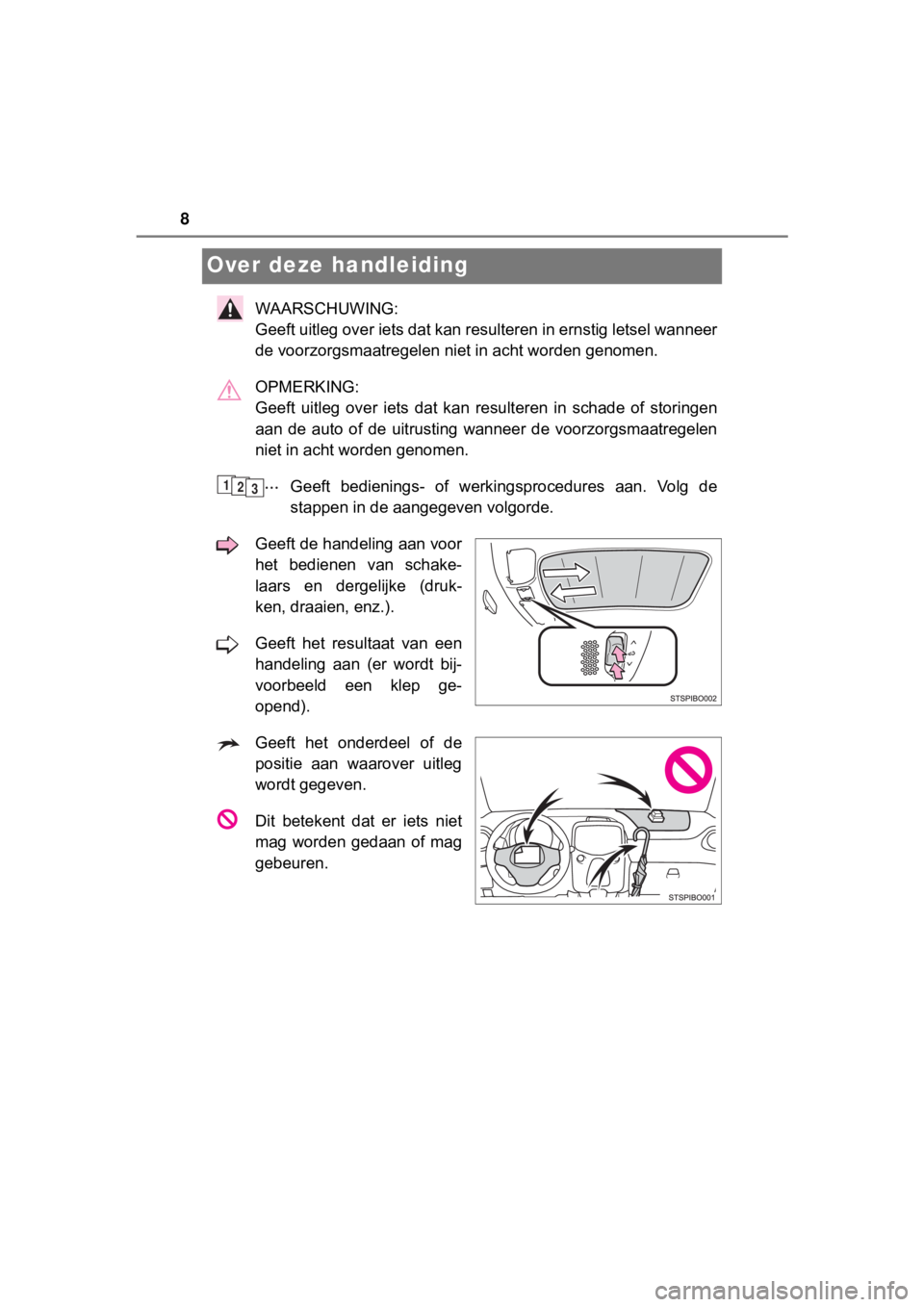 TOYOTA AYGO 2017  Instructieboekje (in Dutch) 8
AYGO_OM_Europe_OM99Q24E
Over deze handleiding
WAARSCHUWING: 
Geeft uitleg over iets dat kan resulteren in ernstig letsel wanneer
de voorzorgsmaatregelen niet in acht worden genomen.
OPMERKING: 
Geef