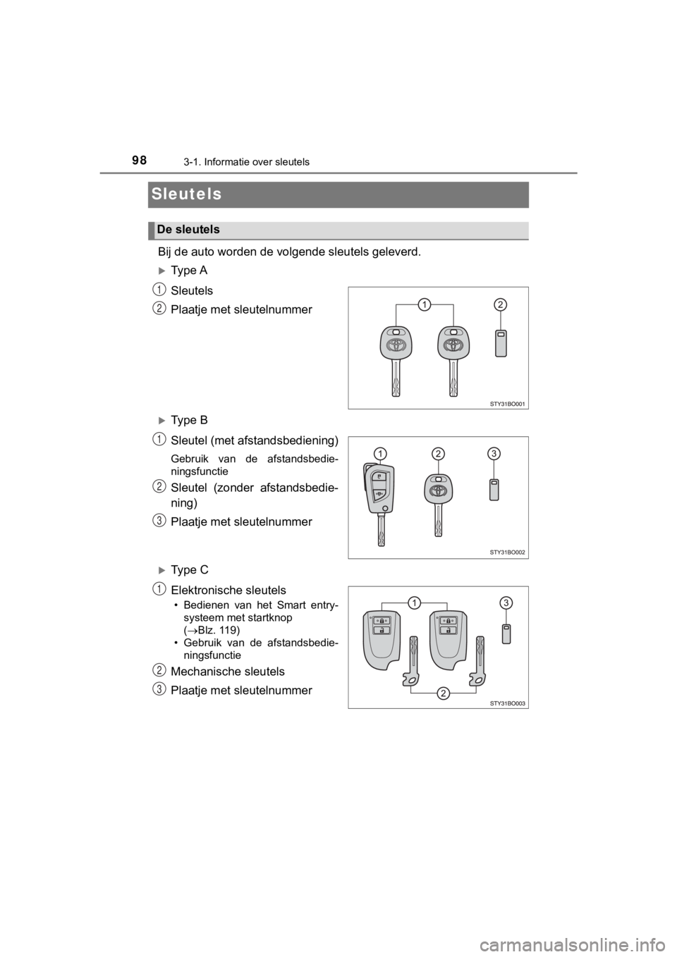 TOYOTA AYGO 2017 Instructieboekje (in Dutch) 983-1. Informatie over sleutels
AYGO_OM_Europe_OM99Q24E
Sleutels
Bij de auto worden de volgende sleutels geleverd.
Ty p e A
Sleutels
Plaatje met sleutelnummer
Ty p e B
Sleutel (met afstandsbe TOYOTA AYGO 2017 Instructieboekje (in Dutch) 983-1. Informatie over sleutels
AYGO_OM_Europe_OM99Q24E
Sleutels
Bij de auto worden de volgende sleutels geleverd.
Ty p e A
Sleutels
Plaatje met sleutelnummer
Ty p e B
Sleutel (met afstandsbe