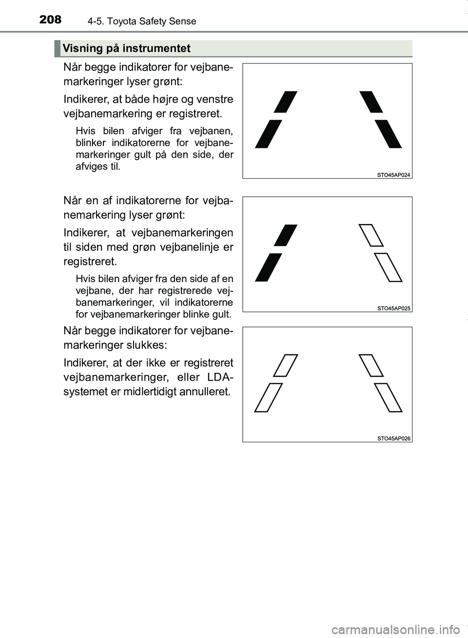 TOYOTA AYGO 2017 Brugsanvisning (in Danish) 2084-5. Toyota Safety Sense
OM99Q24DK
NÃ¥r begge indikatorer for vejbane-
markeringer lyser grønt:
Indikerer, at både højre og venstre
vejbanemarkering er registreret.
Hvis bilen afviger fra vejban TOYOTA AYGO 2017 Brugsanvisning (in Danish) 2084-5. Toyota Safety Sense
OM99Q24DK
NÃ¥r begge indikatorer for vejbane-
markeringer lyser grønt:
Indikerer, at både højre og venstre
vejbanemarkering er registreret.
Hvis bilen afviger fra vejban