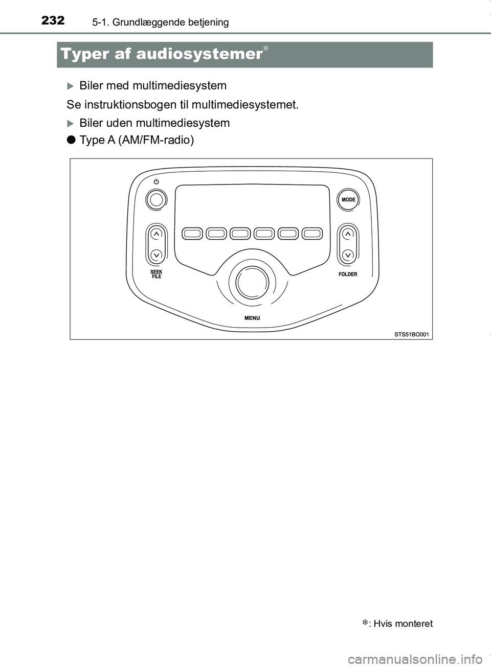 TOYOTA AYGO 2017 Brugsanvisning (in Danish) 2325-1. Grundlæggende betjening
OM99Q24DK
Typer af audiosystemer∗
Biler med multimediesystem
Se instruktionsbogen til multimediesystemet.
Biler uden multimediesystem
l Type A (AM/FM-radio)
TOYOTA AYGO 2017 Brugsanvisning (in Danish) 2325-1. Grundlæggende betjening
OM99Q24DK
Typer af audiosystemer∗
Biler med multimediesystem
Se instruktionsbogen til multimediesystemet.
Biler uden multimediesystem
l Type A (AM/FM-radio)