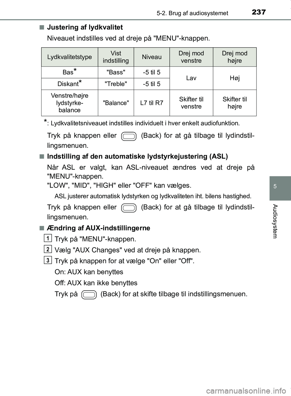TOYOTA AYGO 2017 Brugsanvisning (in Danish) 2375-2. Brug af audiosystemet
5
Audiosystem
OM99Q24DKn
Justering af lydkvalitet
Niveauet indstilles ved
at dreje på "MENU"-knappen.
*: Lydkvalitetsniveauet indstilles individuelt i hver enkelt audio TOYOTA AYGO 2017 Brugsanvisning (in Danish) 2375-2. Brug af audiosystemet
5
Audiosystem
OM99Q24DKn
Justering af lydkvalitet
Niveauet indstilles ved
at dreje på "MENU"-knappen.
*: Lydkvalitetsniveauet indstilles individuelt i hver enkelt audio