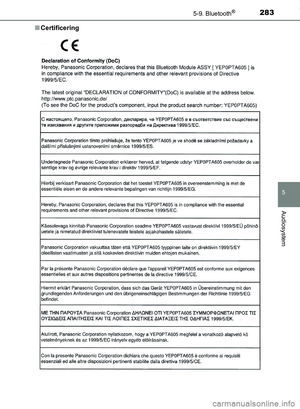 TOYOTA AYGO 2017 Brugsanvisning (in Danish) 2835-9. Bluetooth®
5
Audiosystem
OM99Q24DKn
Certificering
OM99Q24DK.book Page 283 Tuesday, May 2, 2017 5:05 PM TOYOTA AYGO 2017 Brugsanvisning (in Danish) 2835-9. Bluetooth®
5
Audiosystem
OM99Q24DKn
Certificering
OM99Q24DK.book Page 283 Tuesday, May 2, 2017 5:05 PM