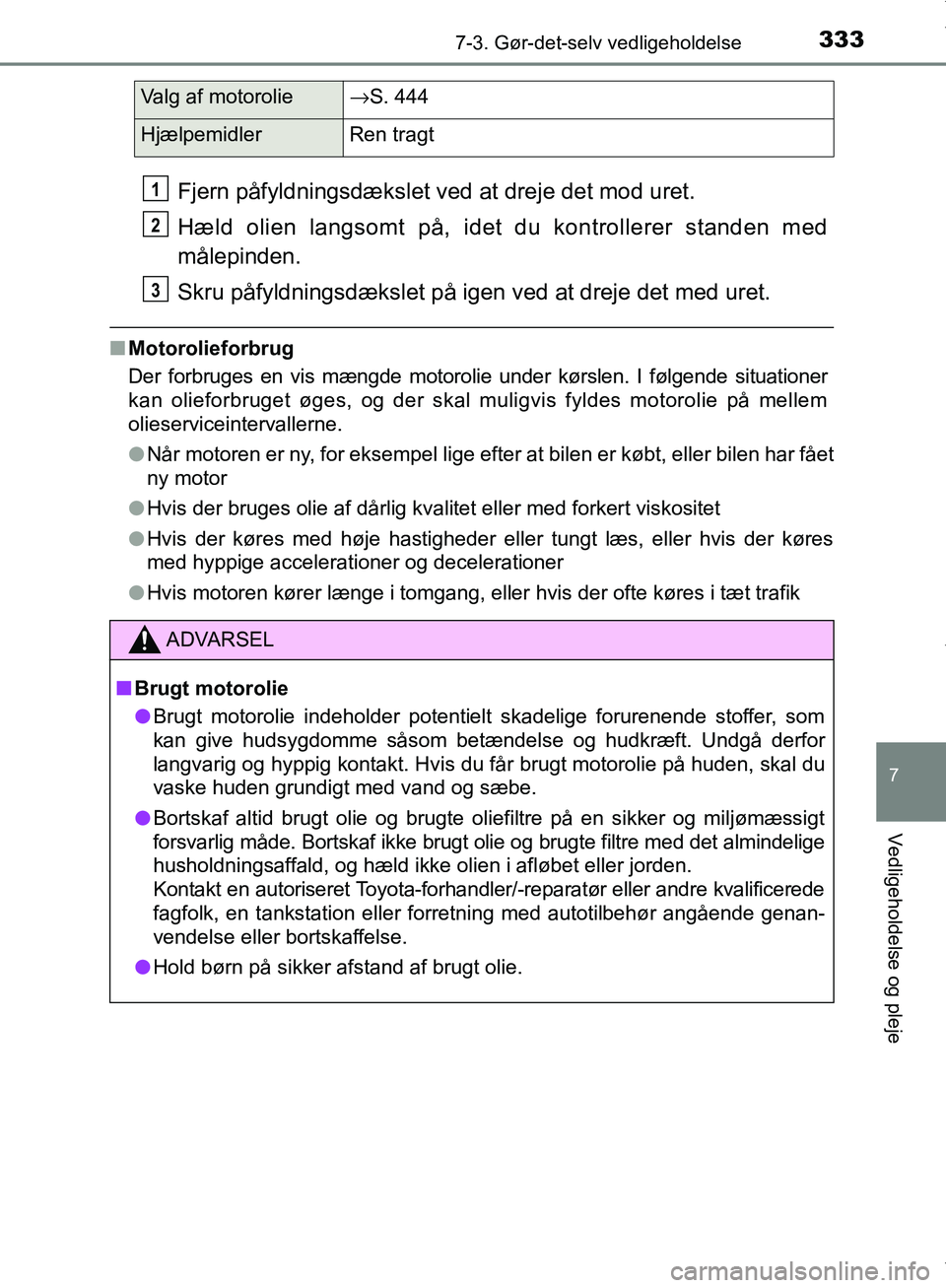 TOYOTA AYGO 2017 Brugsanvisning (in Danish) 3337-3. Gør-det-selv vedligeholdelse
7
Vedligeholdelse og pleje
OM99Q24DK
Fjern påfyldningsdækslet ved at dreje det mod uret.
Hæld olien langsomt på, idet du kontrollerer standen med
målepinden. TOYOTA AYGO 2017 Brugsanvisning (in Danish) 3337-3. Gør-det-selv vedligeholdelse
7
Vedligeholdelse og pleje
OM99Q24DK
Fjern påfyldningsdækslet ved at dreje det mod uret.
Hæld olien langsomt på, idet du kontrollerer standen med
målepinden.