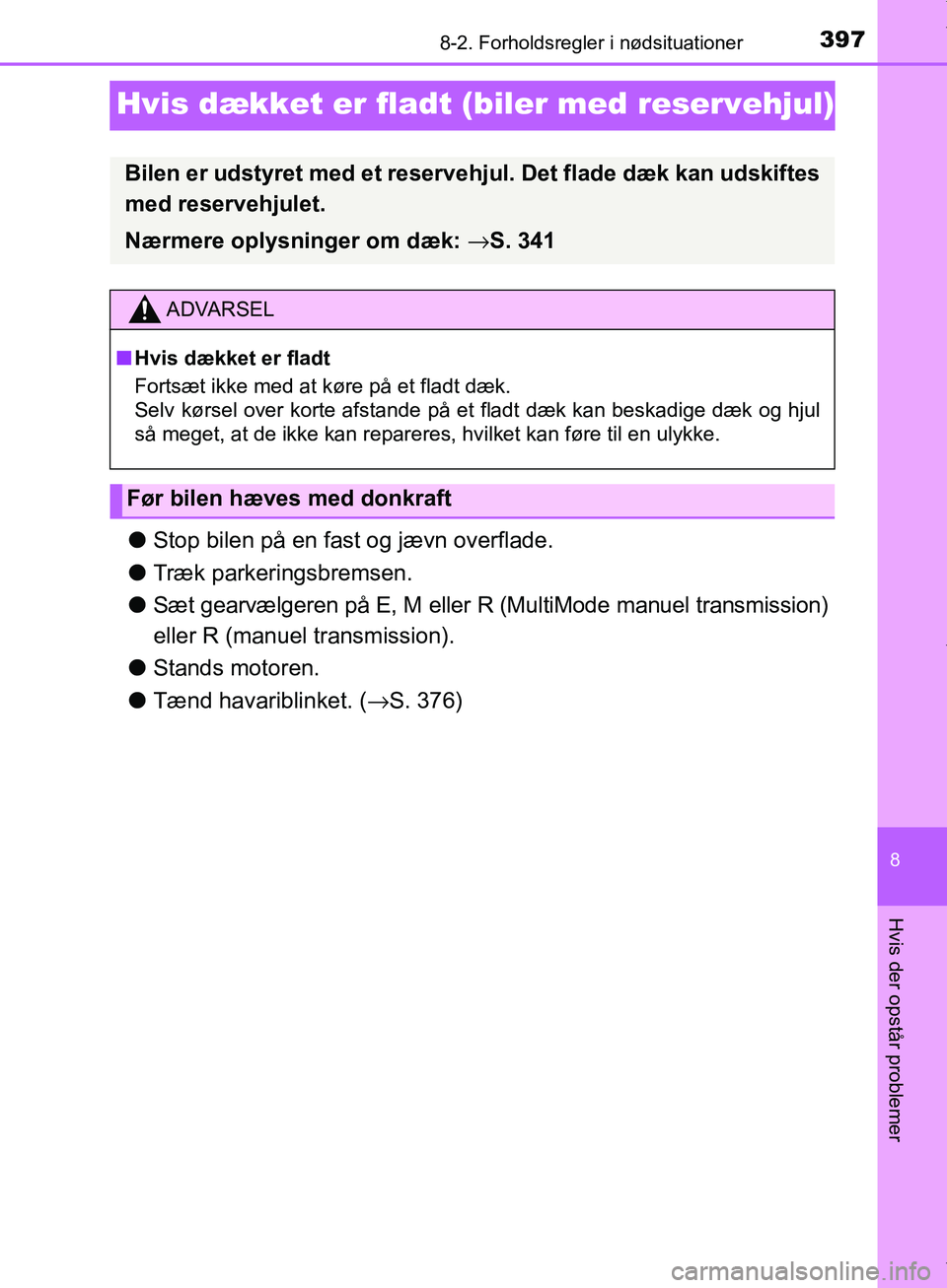 TOYOTA AYGO 2017 Brugsanvisning (in Danish) 3978-2. Forholdsregler i nødsituationer
8
Hvis der opstår problemer
OM99Q24DK
Hvis dækket er fladt (biler med reservehjul)
lStop bilen på en fast og jævn overflade.
l Træk parkeringsbremsen.
l S TOYOTA AYGO 2017 Brugsanvisning (in Danish) 3978-2. Forholdsregler i nødsituationer
8
Hvis der opstår problemer
OM99Q24DK
Hvis dækket er fladt (biler med reservehjul)
lStop bilen på en fast og jævn overflade.
l Træk parkeringsbremsen.
l S