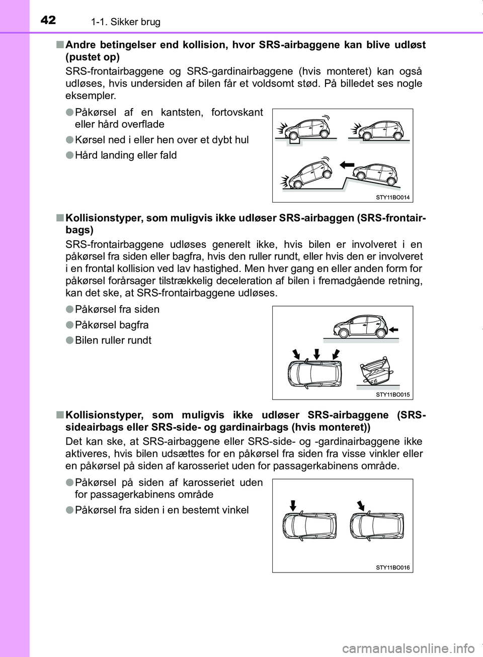 TOYOTA AYGO 2017 Brugsanvisning (in Danish) 421-1. Sikker brug
OM99Q24DKn
Andre betingelser end kollision, hv or SRS-airbaggene kan blive udløst
(pustet op)
SRS-frontairbaggene og SRS-gardinairbaggene (hvis monteret) kan også
udløses, hvis u TOYOTA AYGO 2017 Brugsanvisning (in Danish) 421-1. Sikker brug
OM99Q24DKn
Andre betingelser end kollision, hv or SRS-airbaggene kan blive udløst
(pustet op)
SRS-frontairbaggene og SRS-gardinairbaggene (hvis monteret) kan også
udløses, hvis u