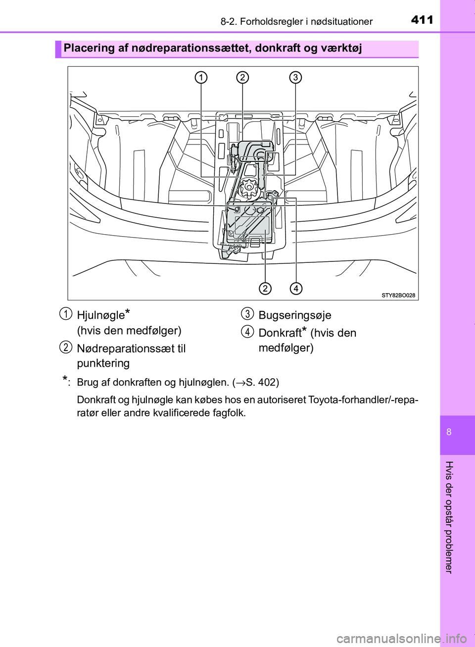 TOYOTA AYGO 2017 Brugsanvisning (in Danish) 4118-2. Forholdsregler i nødsituationer
8
Hvis der opstår problemer
OM99Q24DK
*: Brug af donkraften og hjulnøglen. (→S. 402)
Donkraft og hjulnøgle kan købes hos en autoriseret Toyota-forhandler TOYOTA AYGO 2017 Brugsanvisning (in Danish) 4118-2. Forholdsregler i nødsituationer
8
Hvis der opstår problemer
OM99Q24DK
*: Brug af donkraften og hjulnøglen. (→S. 402)
Donkraft og hjulnøgle kan købes hos en autoriseret Toyota-forhandler