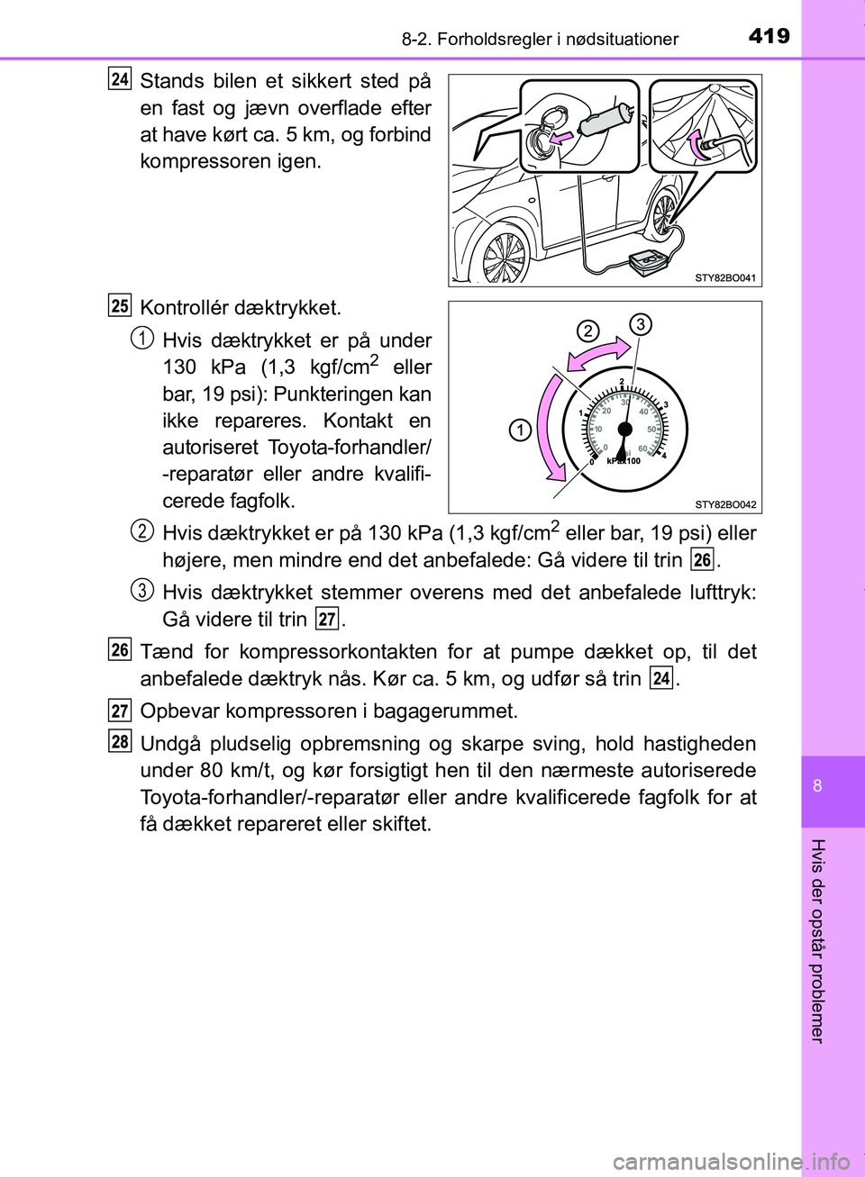 TOYOTA AYGO 2017 Brugsanvisning (in Danish) 4198-2. Forholdsregler i nødsituationer
8
Hvis der opstår problemer
OM99Q24DK
Stands bilen et sikkert sted på
en fast og jævn overflade efter
at have kørt ca. 5 km, og forbind
kompressoren igen.
TOYOTA AYGO 2017 Brugsanvisning (in Danish) 4198-2. Forholdsregler i nødsituationer
8
Hvis der opstår problemer
OM99Q24DK
Stands bilen et sikkert sted på
en fast og jævn overflade efter
at have kørt ca. 5 km, og forbind
kompressoren igen.