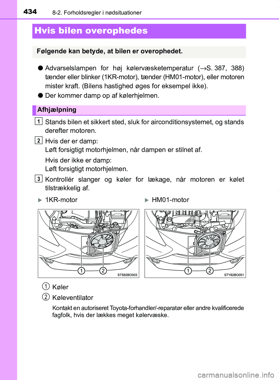 TOYOTA AYGO 2017 Brugsanvisning (in Danish) 4348-2. Forholdsregler i nødsituationer
OM99Q24DK
Hvis bilen overophedes
lAdvarselslampen for høj kølervæsketemperatur ( →S. 387, 388)
tænder eller blinker (1KR-motor), tænder (HM01-motor), el TOYOTA AYGO 2017 Brugsanvisning (in Danish) 4348-2. Forholdsregler i nødsituationer
OM99Q24DK
Hvis bilen overophedes
lAdvarselslampen for høj kølervæsketemperatur ( →S. 387, 388)
tænder eller blinker (1KR-motor), tænder (HM01-motor), el