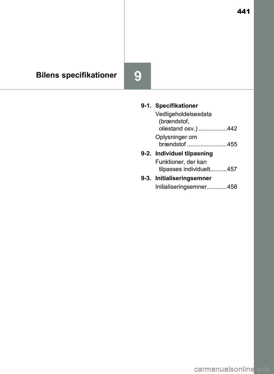 TOYOTA AYGO 2017 Brugsanvisning (in Danish) 441
9Bilens specifikationer
OM99Q24DK9-1. Specifikationer
Vedligeholdelsesdata (brændstof,
oliestand osv.) ................. 442
Oplysninger om brændstof ........................ 455
9-2. Individu TOYOTA AYGO 2017 Brugsanvisning (in Danish) 441
9Bilens specifikationer
OM99Q24DK9-1. Specifikationer
Vedligeholdelsesdata (brændstof,
oliestand osv.) ................. 442
Oplysninger om brændstof ........................ 455
9-2. Individu
