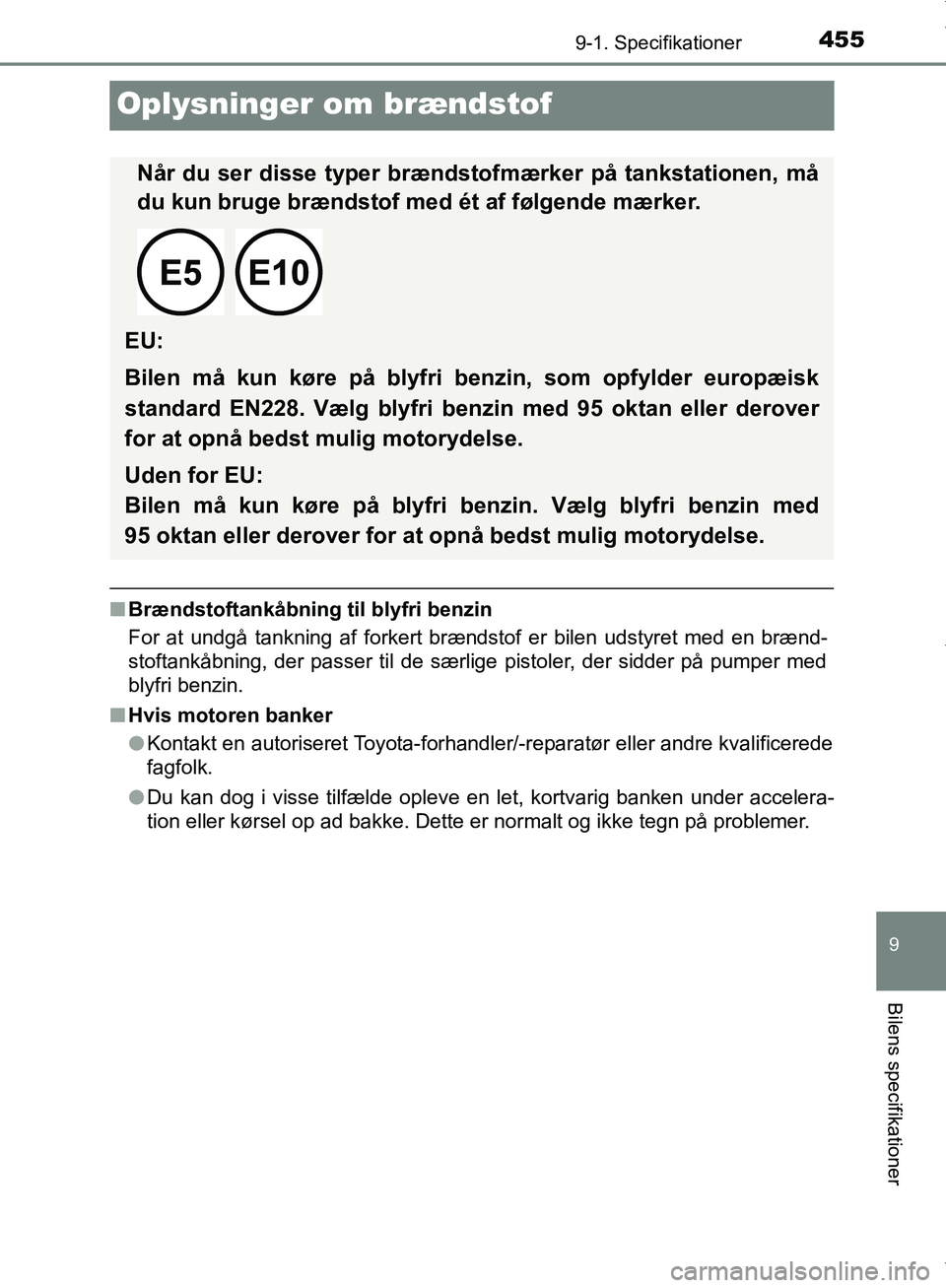 TOYOTA AYGO 2017 Brugsanvisning (in Danish) 4559-1. Specifikationer
9
Bilens specifikationer
OM99Q24DK
Oplysninger om brændstof
nBrændstoftankåbning til blyfri benzin
For at undgå tankning af forkert brændstof er bilen udstyret med en bræ TOYOTA AYGO 2017 Brugsanvisning (in Danish) 4559-1. Specifikationer
9
Bilens specifikationer
OM99Q24DK
Oplysninger om brændstof
nBrændstoftankåbning til blyfri benzin
For at undgå tankning af forkert brændstof er bilen udstyret med en bræ
