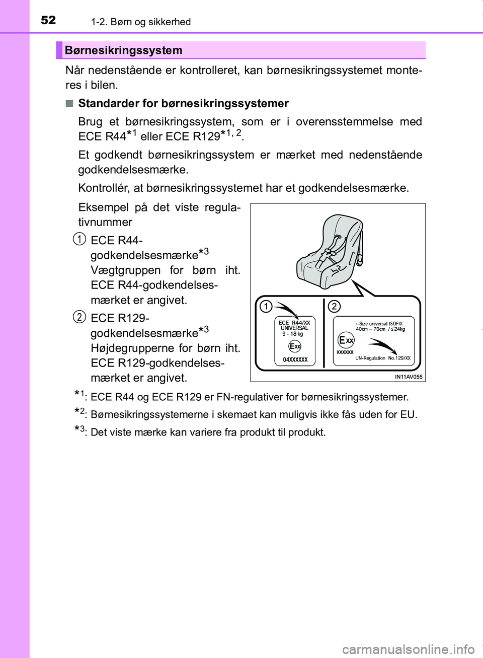 TOYOTA AYGO 2017 Brugsanvisning (in Danish) 521-2. Børn og sikkerhed
OM99Q24DK
Når nedenstående er kontrolleret, kan børnesikringssystemet monte-
res i bilen.
nStandarder for børnesikringssystemer
Brug et børnesikringssystem, som er i ov TOYOTA AYGO 2017 Brugsanvisning (in Danish) 521-2. Børn og sikkerhed
OM99Q24DK
Når nedenstående er kontrolleret, kan børnesikringssystemet monte-
res i bilen.
nStandarder for børnesikringssystemer
Brug et børnesikringssystem, som er i ov