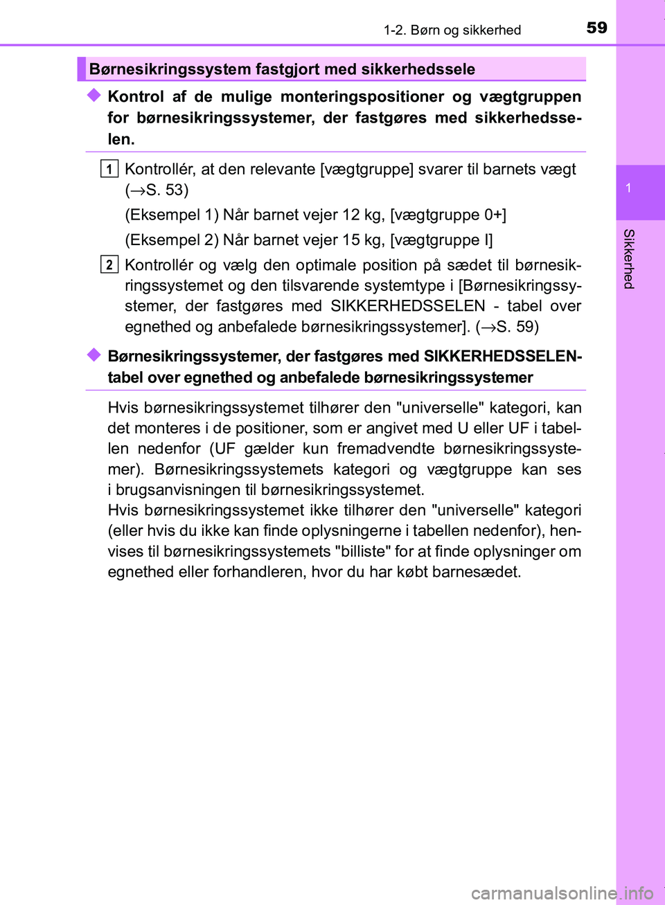 TOYOTA AYGO 2017 Brugsanvisning (in Danish) 591-2. Børn og sikkerhed
1
Sikkerhed
OM99Q24DK
uKontrol af de mulige monteringspositioner og vægtgruppen
for børnesikringssystemer, der fastgøres med sikkerhedsse-
len.
Kontrollér, at den relevan TOYOTA AYGO 2017 Brugsanvisning (in Danish) 591-2. Børn og sikkerhed
1
Sikkerhed
OM99Q24DK
uKontrol af de mulige monteringspositioner og vægtgruppen
for børnesikringssystemer, der fastgøres med sikkerhedsse-
len.
Kontrollér, at den relevan