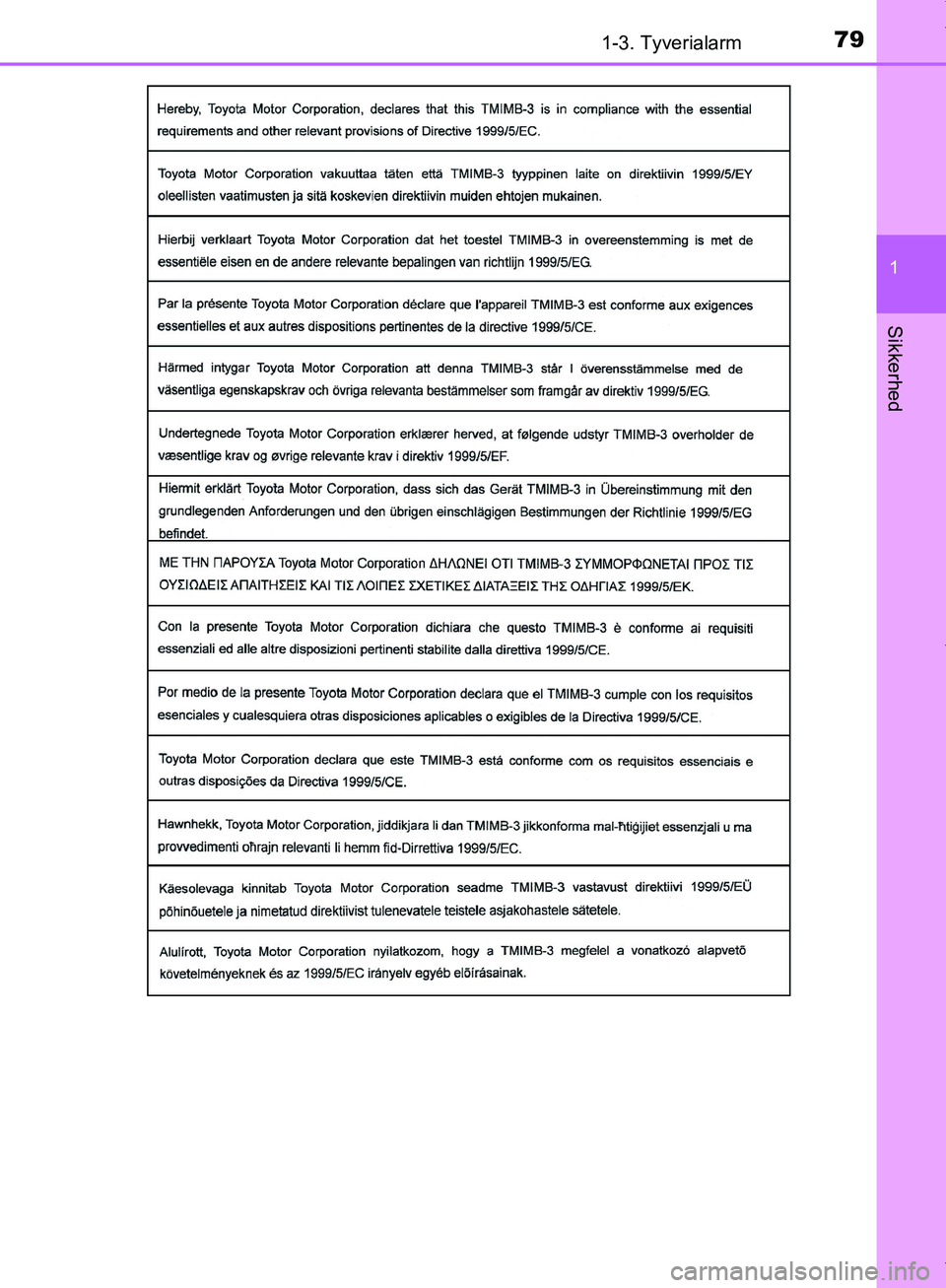 TOYOTA AYGO 2017  Brugsanvisning (in Danish) 791-3. Tyverialarm
1
Sikkerhed
OM99Q24DK
OM99Q24DK.book  Page 79  Tuesday, May 2, 2017  5:05 PM 
