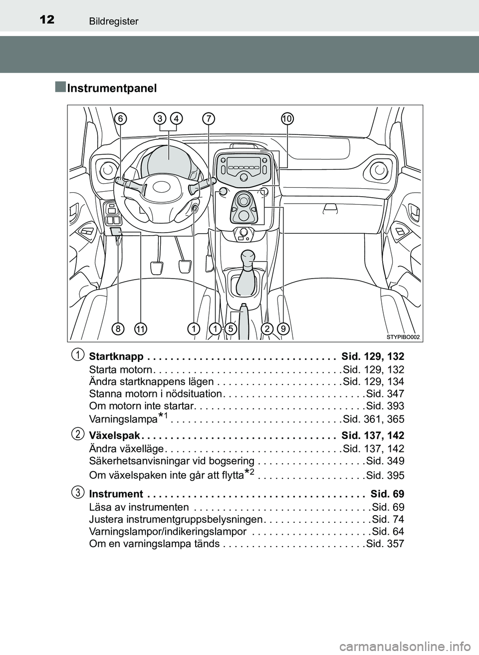 TOYOTA AYGO 2017 Bruksanvisningar (in Swedish) 12Bildregister
OM99Q24SE
nInstrumentpanel
Startknapp . . . . . . . . . . . . . . . . . . . . . . . . . . . . . . . . . Sid. 129, 132
Starta motorn . . . . . . . . . . . . . . . . . . . . . . . . . . TOYOTA AYGO 2017 Bruksanvisningar (in Swedish) 12Bildregister
OM99Q24SE
nInstrumentpanel
Startknapp . . . . . . . . . . . . . . . . . . . . . . . . . . . . . . . . . Sid. 129, 132
Starta motorn . . . . . . . . . . . . . . . . . . . . . . . . . .