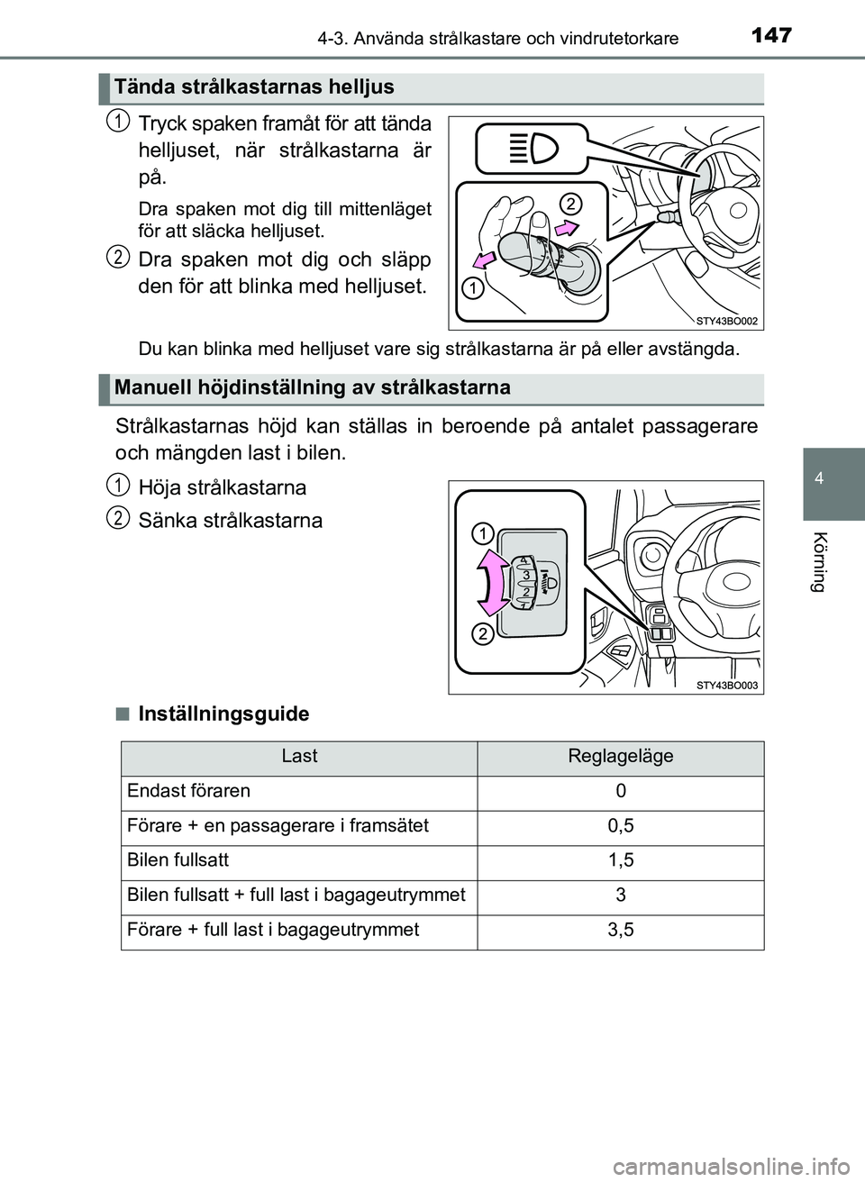 TOYOTA AYGO 2017 Bruksanvisningar (in Swedish) 1474-3. Använda strålkastare och vindrutetorkare
4
Körning
OM99Q24SE
Tryck spaken framåt för att tända
helljuset, när strålkastarna är
på.
Dra spaken mot dig till mittenläget
för att sl TOYOTA AYGO 2017 Bruksanvisningar (in Swedish) 1474-3. Använda strålkastare och vindrutetorkare
4
Körning
OM99Q24SE
Tryck spaken framåt för att tända
helljuset, när strålkastarna är
på.
Dra spaken mot dig till mittenläget
för att sl