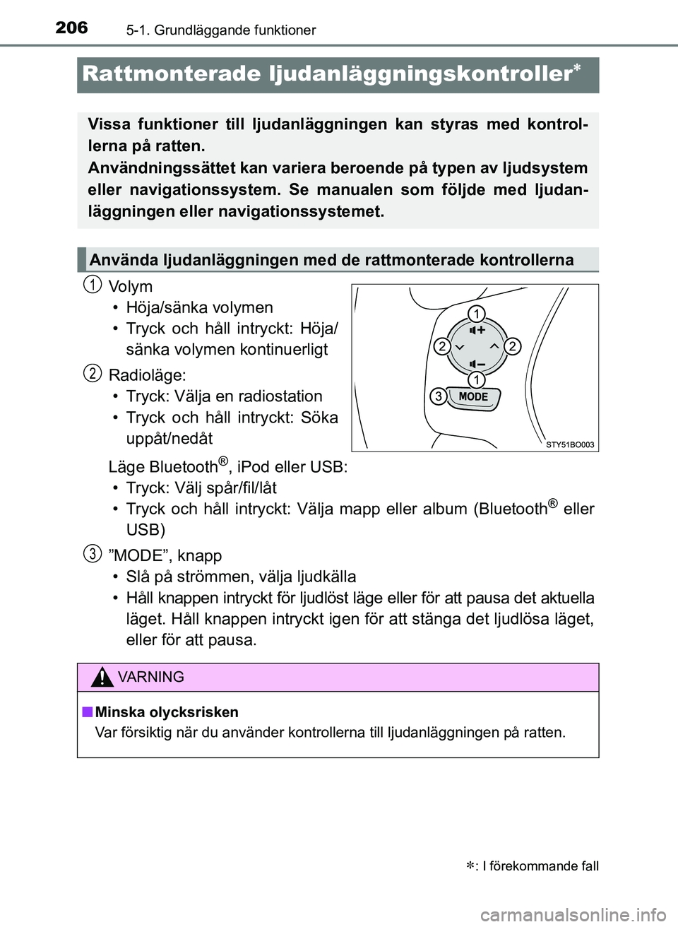 TOYOTA AYGO 2017 Bruksanvisningar (in Swedish) 2065-1. Grundläggande funktioner
OM99Q24SE
Rattmonterade ljudanläggningskontroller
Vo l y m
• Höja/sänka volymen
• Tryck och håll intryckt: Höja/ sänka volymen kontinuerligt
Radioläge: TOYOTA AYGO 2017 Bruksanvisningar (in Swedish) 2065-1. Grundläggande funktioner
OM99Q24SE
Rattmonterade ljudanläggningskontroller
Vo l y m
• Höja/sänka volymen
• Tryck och håll intryckt: Höja/ sänka volymen kontinuerligt
Radioläge: