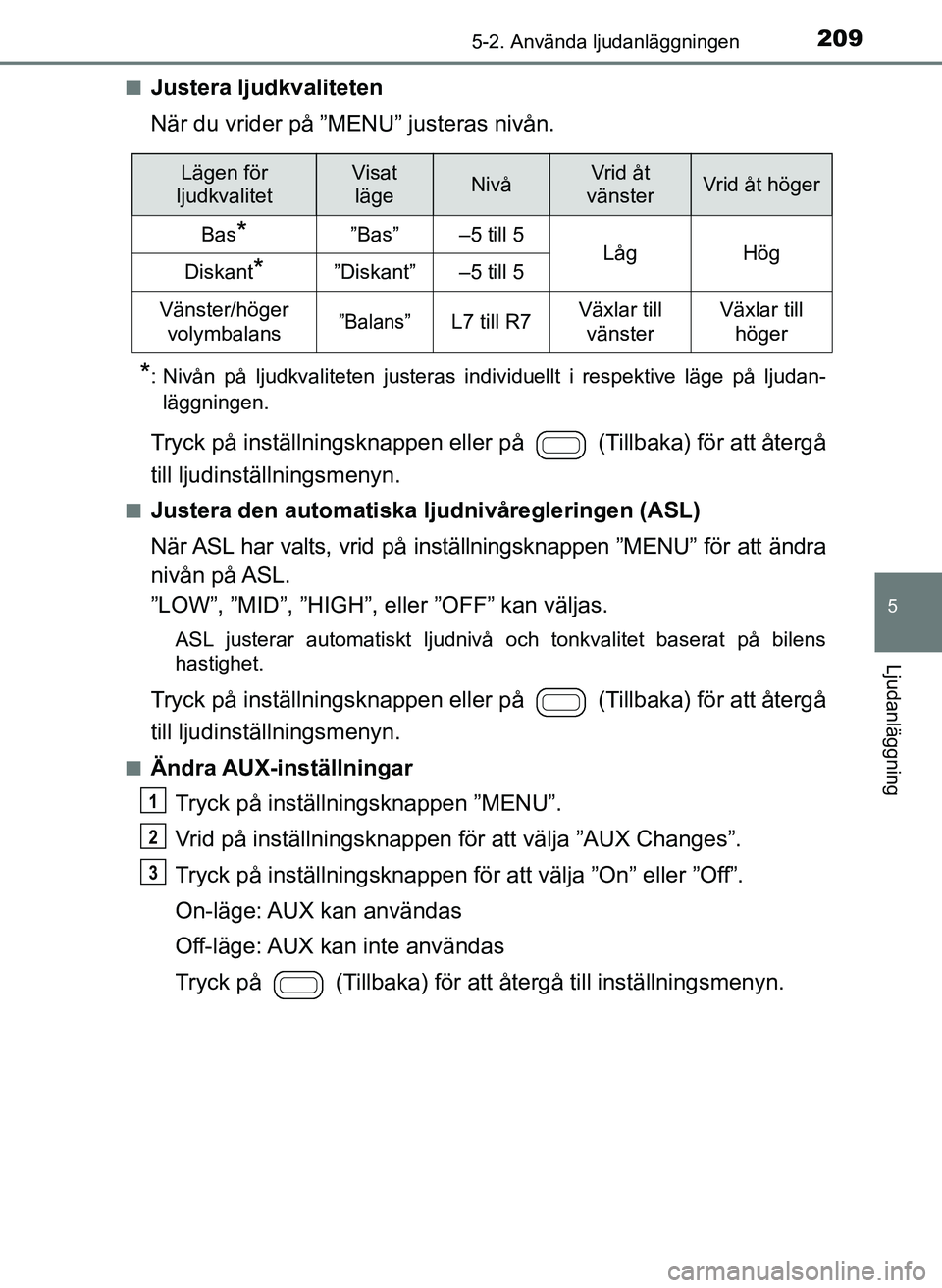 TOYOTA AYGO 2017 Bruksanvisningar (in Swedish) 2095-2. Använda ljudanläggningen
5
Ljudanläggning
OM99Q24SEn
Justera ljudkvaliteten
När du vrider på ”MENU” justeras nivån.
*: Nivån på ljudkvaliteten justeras individuellt i respektive l TOYOTA AYGO 2017 Bruksanvisningar (in Swedish) 2095-2. Använda ljudanläggningen
5
Ljudanläggning
OM99Q24SEn
Justera ljudkvaliteten
När du vrider på ”MENU” justeras nivån.
*: Nivån på ljudkvaliteten justeras individuellt i respektive l