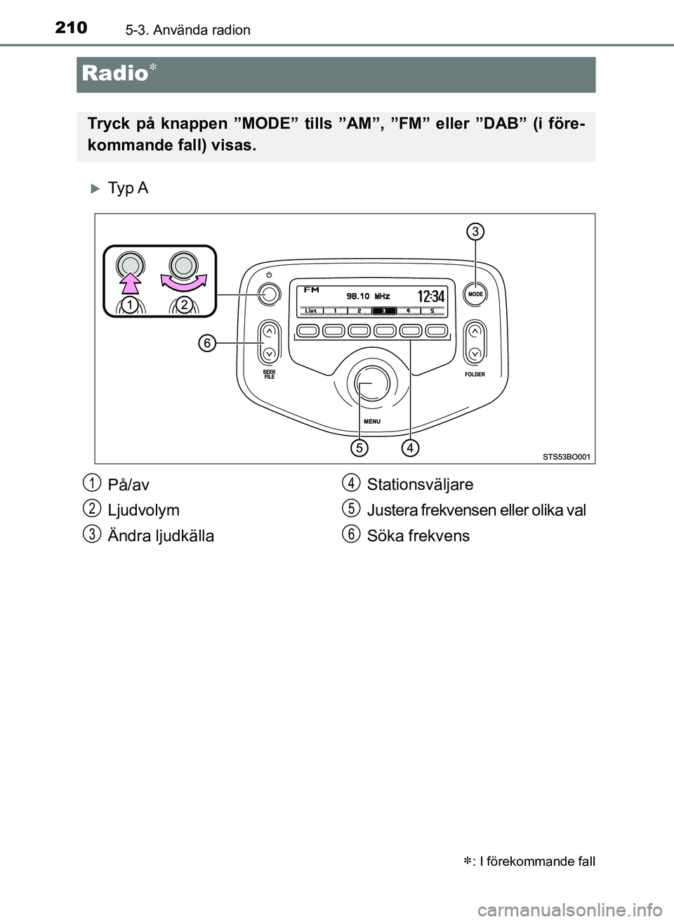 TOYOTA AYGO 2017 Bruksanvisningar (in Swedish) 2105-3. Använda radion
OM99Q24SE
Radio
Ty p A
: I förekommande fall
Tryck på knappen ”MODE” tills ”AM”, ”FM” eller ”DAB” (i före-
kommande fall) visas.
På/av
Ljudvolym
TOYOTA AYGO 2017 Bruksanvisningar (in Swedish) 2105-3. Använda radion
OM99Q24SE
Radio
Ty p A
: I förekommande fall
Tryck på knappen ”MODE” tills ”AM”, ”FM” eller ”DAB” (i före-
kommande fall) visas.
På/av
Ljudvolym