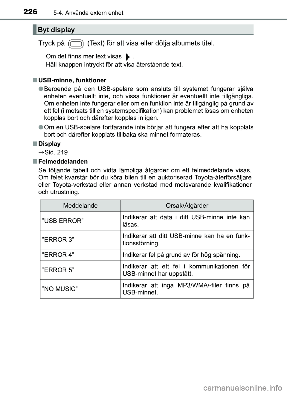 TOYOTA AYGO 2017 Bruksanvisningar (in Swedish) 2265-4. Använda extern enhet
OM99Q24SE
Tryck på (Text) för att visa eller dölja albumets titel.
Om det finns mer text visas .
Håll knappen intryckt för att visa återstående text.
nUSB-minn TOYOTA AYGO 2017 Bruksanvisningar (in Swedish) 2265-4. Använda extern enhet
OM99Q24SE
Tryck på (Text) för att visa eller dölja albumets titel.
Om det finns mer text visas .
Håll knappen intryckt för att visa återstående text.
nUSB-minn