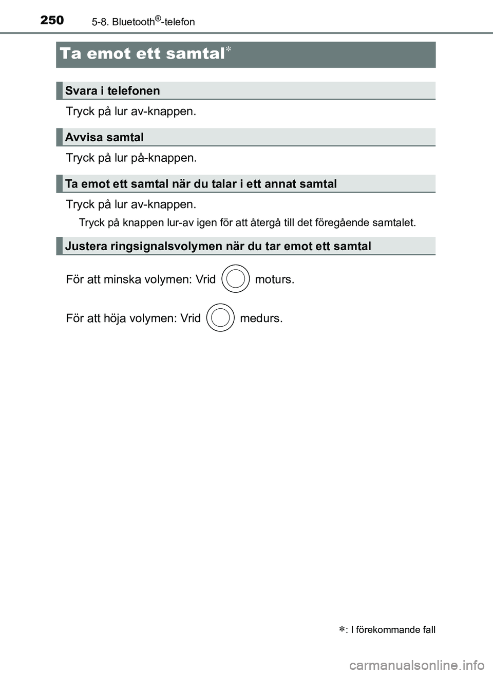 TOYOTA AYGO 2017 Bruksanvisningar (in Swedish) 2505-8. Bluetooth®-telefon
OM99Q24SE
Ta emot ett samtal
Tryck på lur av-knappen.
Tryck på lur på-knappen.
Tryck på lur av-knappen.
Tryck på knappen lur-av igen för att återgå till det för TOYOTA AYGO 2017 Bruksanvisningar (in Swedish) 2505-8. Bluetooth®-telefon
OM99Q24SE
Ta emot ett samtal
Tryck på lur av-knappen.
Tryck på lur på-knappen.
Tryck på lur av-knappen.
Tryck på knappen lur-av igen för att återgå till det för