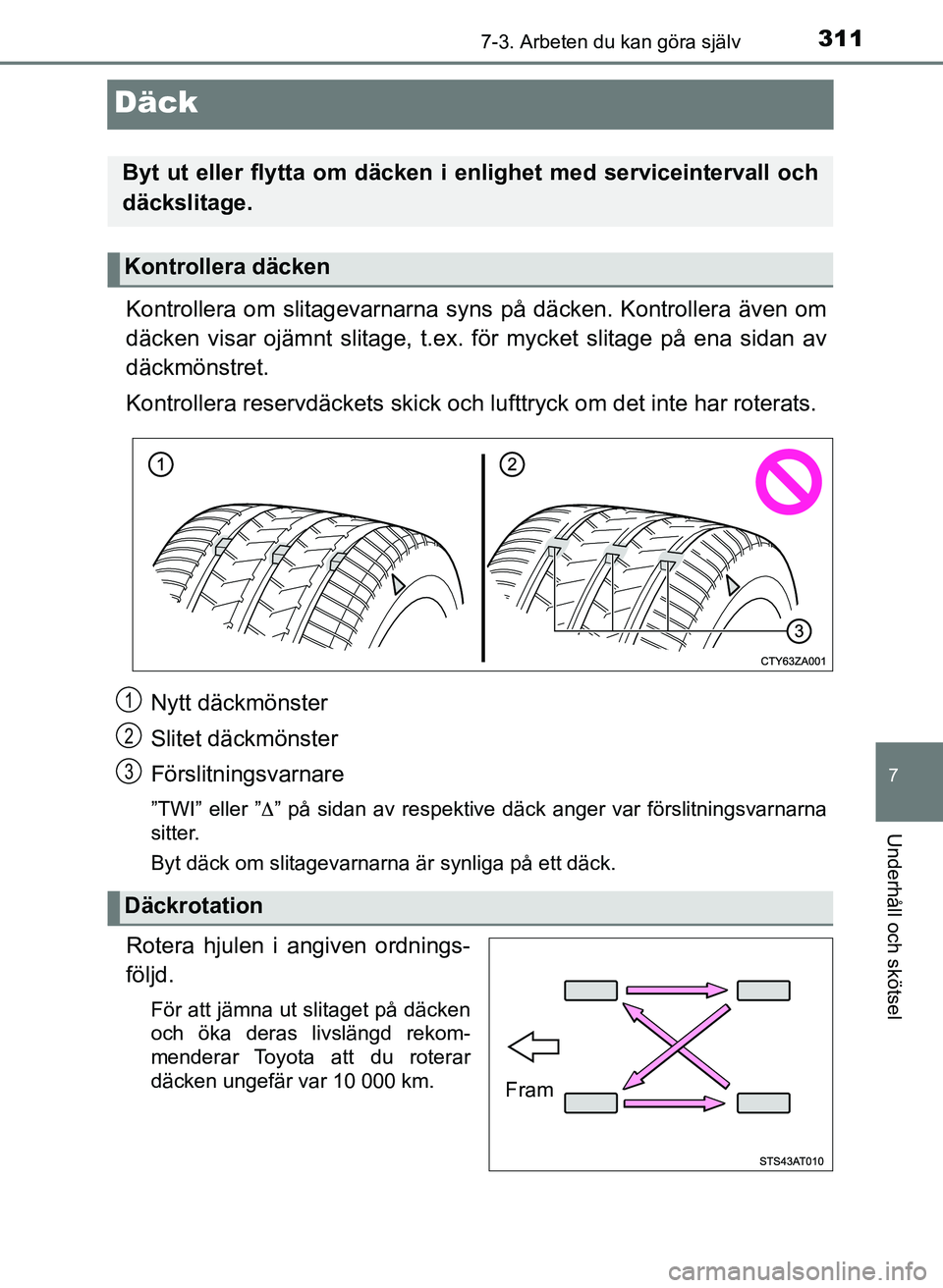 TOYOTA AYGO 2017 Bruksanvisningar (in Swedish) 3117-3. Arbeten du kan göra själv
7
Underhåll och skötsel
OM99Q24SE
Däck
Kontrollera om slitagevarnarna syns på däcken. Kontrollera även om
däcken visar ojämnt slitage, t.ex. för mycket sli TOYOTA AYGO 2017 Bruksanvisningar (in Swedish) 3117-3. Arbeten du kan göra själv
7
Underhåll och skötsel
OM99Q24SE
Däck
Kontrollera om slitagevarnarna syns på däcken. Kontrollera även om
däcken visar ojämnt slitage, t.ex. för mycket sli