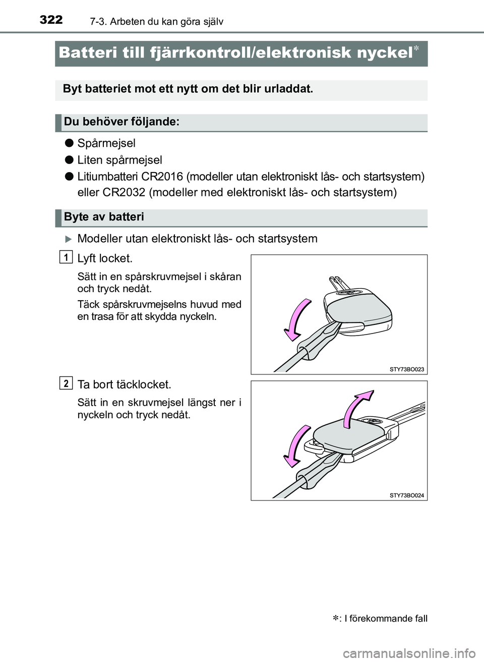 TOYOTA AYGO 2017 Bruksanvisningar (in Swedish) 3227-3. Arbeten du kan göra själv
OM99Q24SE
Batteri till fjärrkontroll/elektronisk nyckel
lSpårmejsel
l Liten spårmejsel
l Litiumbatteri CR2016 (modeller utan elektroniskt lås- och startsyst TOYOTA AYGO 2017 Bruksanvisningar (in Swedish) 3227-3. Arbeten du kan göra själv
OM99Q24SE
Batteri till fjärrkontroll/elektronisk nyckel
lSpårmejsel
l Liten spårmejsel
l Litiumbatteri CR2016 (modeller utan elektroniskt lås- och startsyst