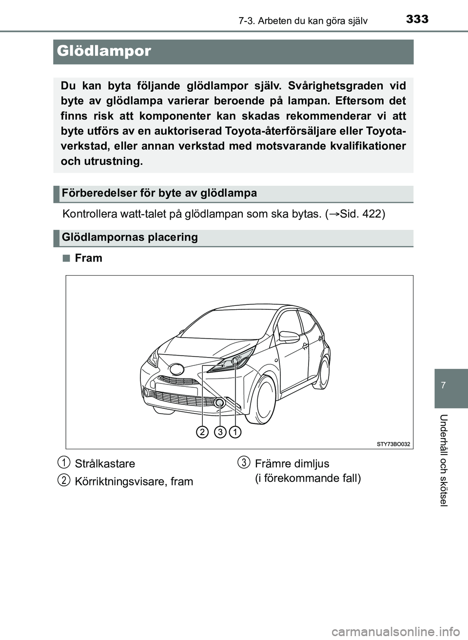 TOYOTA AYGO 2017  Bruksanvisningar (in Swedish) 3337-3. Arbeten du kan göra själv
7
Underhåll och skötsel
OM99Q24SE
Glödlampor
Kontrollera watt-talet på glödlampan som ska bytas. (Sid. 422)
nFram
Du kan byta följande glödlampor  själv.