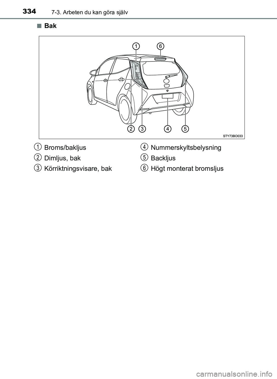 TOYOTA AYGO 2017  Bruksanvisningar (in Swedish) 3347-3. Arbeten du kan göra själv
OM99Q24SEn
Bak
Broms/bakljus
Dimljus, bak
Körriktningsvisare, bak
Nummerskyltsbelysning
Backljus
Högt monterat bromsljus1
2
3
4
5
6
OM99Q24SE.book  Page 334  Frid